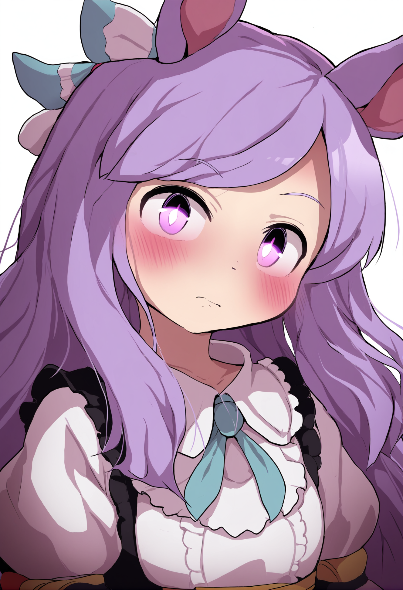 masterpiece, hyper detailed, best quality,(furry:1.3),1girl, solo, mejiro mcqueen \(umamusume\), animal ears, long hair, horse ears, purple eyes, purple hair , white background, looking at viewer, horse girl, simple background, bangs, portrait, blush, closed mouth tie, ear ribbon, frills, ribbon  ,<lora:DAGASIXLlokr8f-000188:0.95>