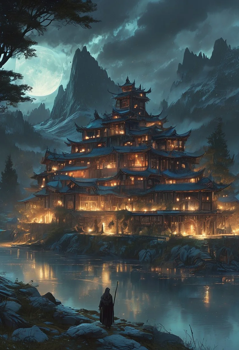 A captivating night scene illustration featuring a grand WOODEN norse long house standing tall on a large snowy hill overlooking a lake. The beautiful long house adorned with some windows, emits a warm glow, highlighting its incredible craftsmanship. The snowy hill is covered in great pine trees, reflecting on the calm, moonlit snow that mirrors the silvery moonlight. The full moon graces the sky, casting an ethereal glow on the clouds and mountain, while wispy clouds partially obscure its brilliance, adding to the scene's mystique. Twinkling stars dot the sky, creating a celestial tapestry that harmonizes with the moon's radiance. This enchanting artwork captures a serene and peaceful night, where the illuminated WOODEN Norse longhouse stands resolute amidst the celestial beauty, creating a cinematic experience., illustration, cinematic
<lora:DonM3t3rn1tyXL-v1.1:0.7>, DonM3t3rn1tyXL,
OverallDetailXL <lora:MJ52:0.3> <lora:SDXLFaeTastic2400:0.4> <lora:EpicF4nta5yXL:0.7>