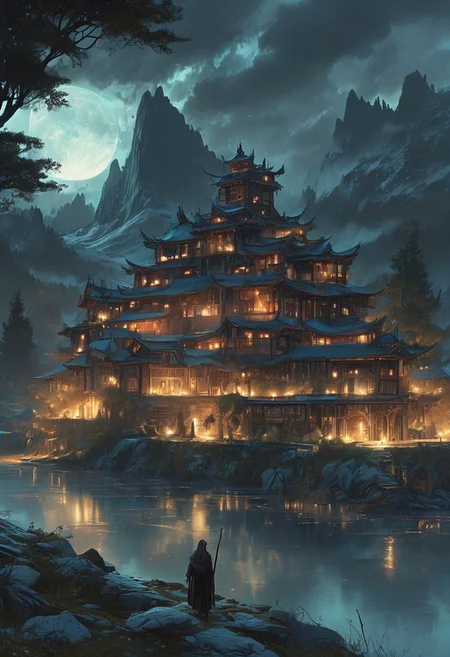 A captivating night scene illustration featuring a grand WOODEN norse long house standing tall on a large snowy hill overlooking a lake. The beautiful long house adorned with some windows, emits a warm glow, highlighting its incredible craftsmanship. The snowy  hill is covered in great pine trees, reflecting on the calm, moonlit snow  that mirrors the silvery moonlight. The full moon graces the sky, casting an ethereal glow on the clouds and mountain, while wispy clouds partially obscure its brilliance, adding to the scene's mystique. Twinkling stars dot the sky, creating a celestial tapestry that harmonizes with the moon's radiance. This enchanting artwork captures a serene and peaceful night, where the illuminated WOODEN Norse longhouse stands resolute amidst the celestial beauty, creating a cinematic experience., illustration, cinematic
<lora:DonM3t3rn1tyXL-v1.1:0.7>, DonM3t3rn1tyXL,
OverallDetailXL  <lora:MJ52:0.3>  <lora:SDXLFaeTastic2400:0.4>  <lora:EpicF4nta5yXL:0.7>