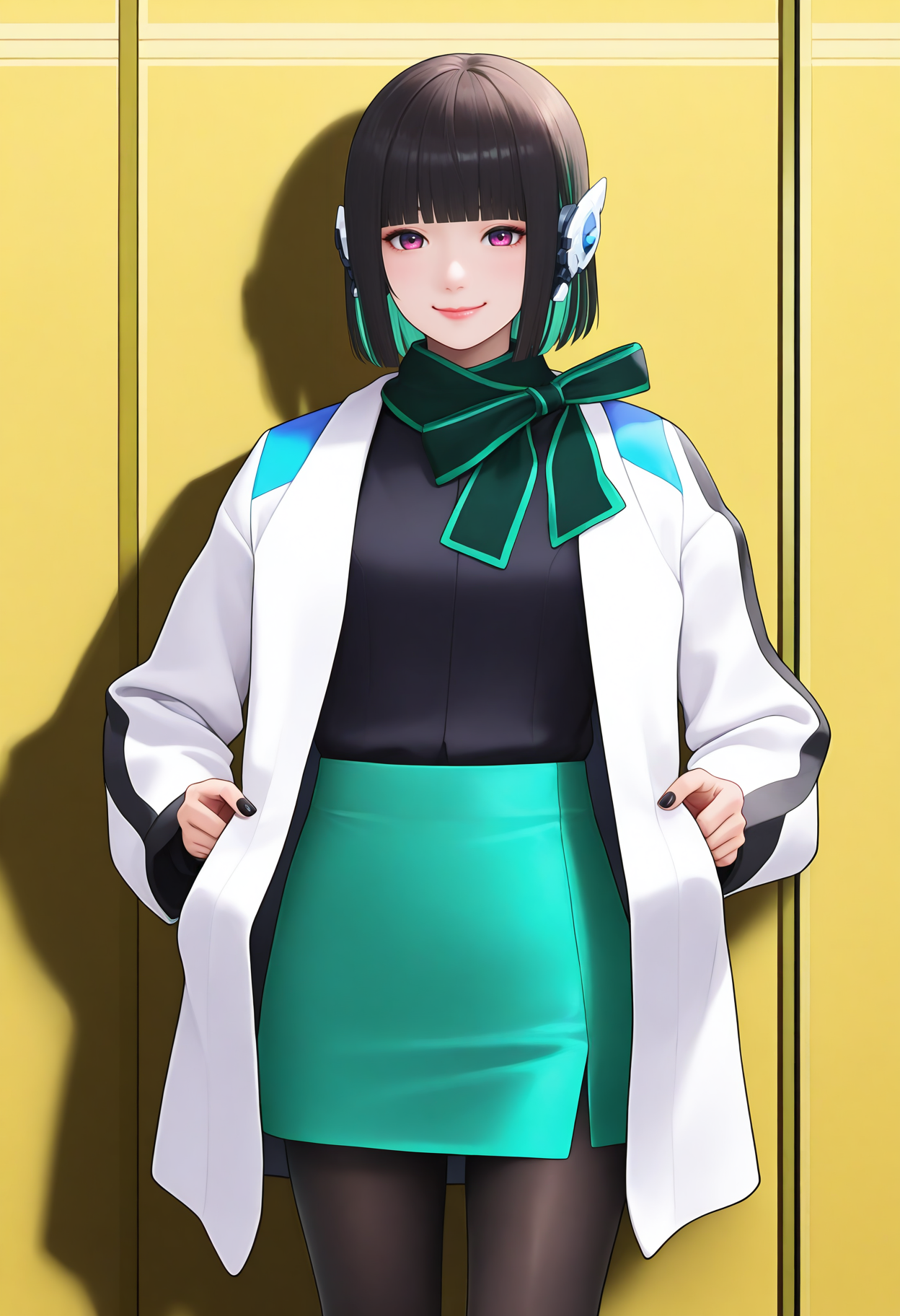 best hands, 5 fingers, perfect hand, <lora:zero-one izu_IL1.5:0.9> cowboy shot, 
zero-pne izu, realistic, Asian, 1girl, solo, black hair, multicolored hair, green hair, bobbed hair, blunt bangs, robot ears, smile, closed mouth, lips,
white Coat, scarf, green miniskirt, Black pantyhose with green outer half on right leg, Short boots,
black nails, Black long sleeve shirt
BREAK indoors, Building entrance, shadow, standing, self open coat, (spread coat:1.2), undressing,
