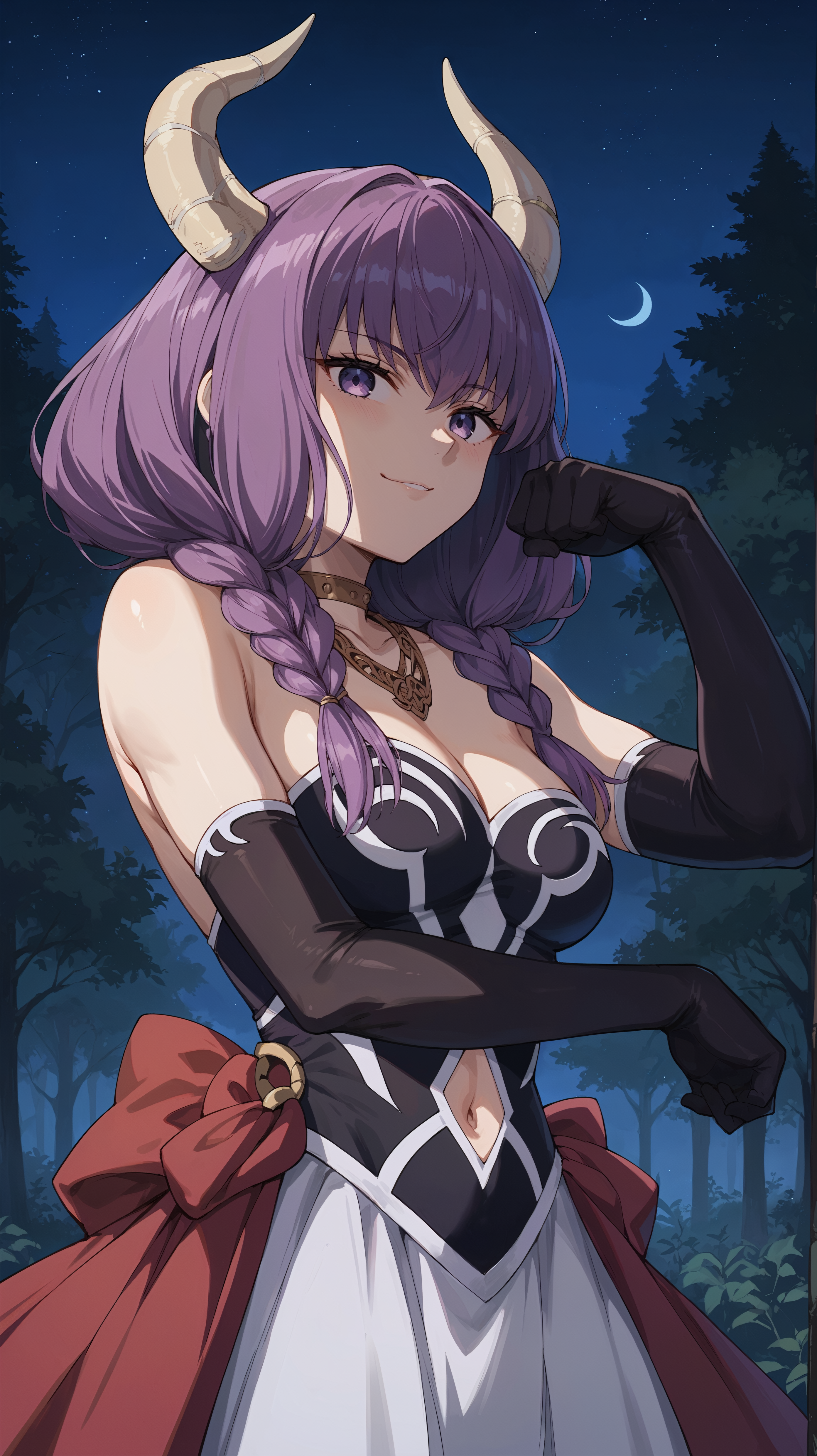 score_9,score_8_up,score_7_up,score_6_up, <lora:xl_more_art-full_v1:0.5>, source_anime, girl, dynamic pose, flexing, <lora:Aura - Pony-000004:0.8>, long hair, purple hair, multiple braids, bangs, purple eyes, white horns, gold necklace, gold choker, strapless dress, black dress, bare shoulders, black gloves, elbow gloves, navel cutout, red waist cape, white skirt, forest, nature, night time, darkness, night sky,