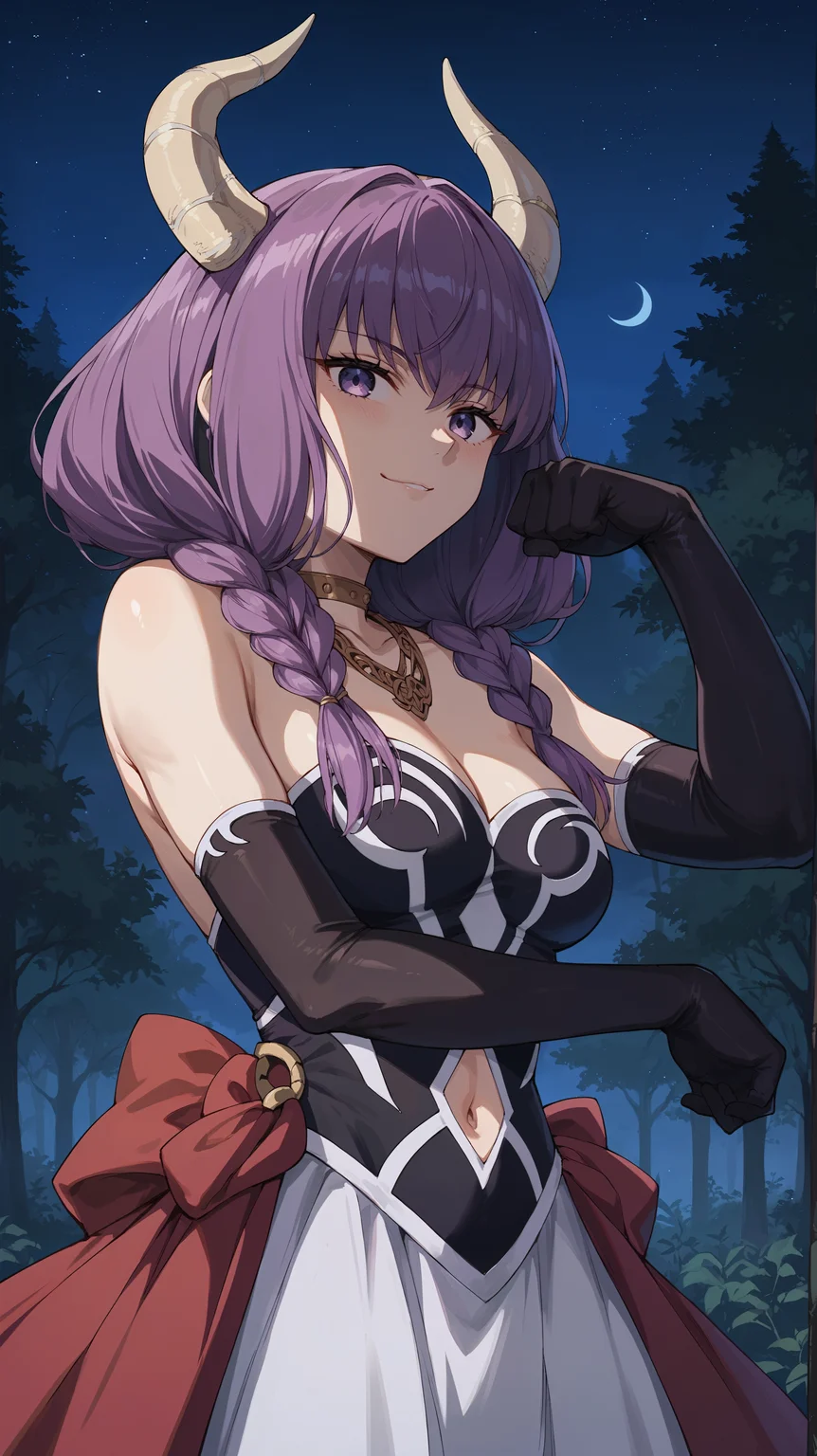 score_9,score_8_up,score_7_up,score_6_up, <lora:xl_more_art-full_v1:0.5>, source_anime, girl, dynamic pose, flexing, <lora:Aura - Pony-000004:0.8>, long hair, purple hair, multiple braids, bangs, purple eyes, white horns, gold necklace, gold choker, strapless dress, black dress, bare shoulders, black gloves, elbow gloves, navel cutout, red waist cape, white skirt, forest, nature, night time, darkness, night sky,