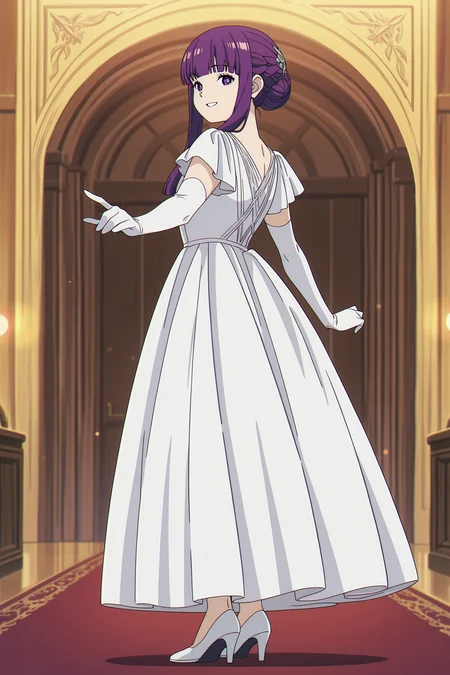 anime screencap, anime coloring, detailed face, perfect fingers, masterpiece, best quality, very aesthetic, absurdres, bokeh, volumetric lighting,
inside, in a fancy ballroom, detailed environment,
 <lora:Fern_Frieren_Beyond_Journeys_End_-_Illustrious_V2:1>
Fern (character), fern (sousou no frieren), 1girl, solo, purple hair, purple eyes, bright pupils, hair ornament, 
Fern white formal dress outfit, white dress, white elbow gloves, white footwear, high heels, braid, single hairbun,
full body shot, smiling, looking at the viewer, mouth open, teeth on top row, standing, cute smile, (view from the side)
