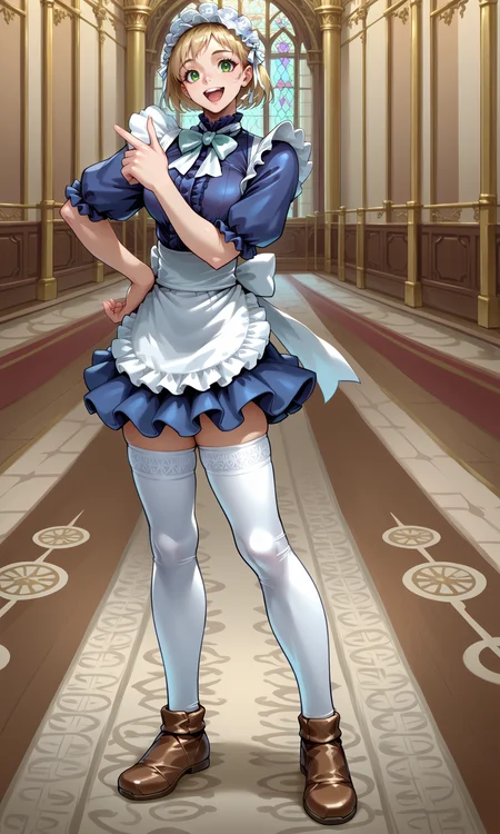 score_9, score_8_up, source_anime, lynettesciii, 1girl, solo, blonde hair, short hair, green eyes, maid headdress, white bowtie, blue dress, puffy short sleeves, medium breasts, frills, waist apron, white thighhighs, brown footwear, full body, indoors, mansion, gate, rug, smile, open mouth, hand on own hip, pointing, standing, contrapposto,