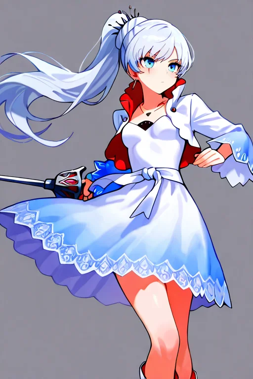 masterpiece, High quality, Ultra detailed, 2d, newest, absurdres, highres, BREAK
1girl, solo, <lora:weiss_schnee:0.8>, weiss_schnee, long hair, ponytail, white hair, blue eyes, scar across eye, earrings, jewelry, necklace,
small breasts, weissdef, long sleeves, cropped jacket, high collar, white dress, boots, white footwear,
holding rapier, fighting stance, closed mouth, hand up,
