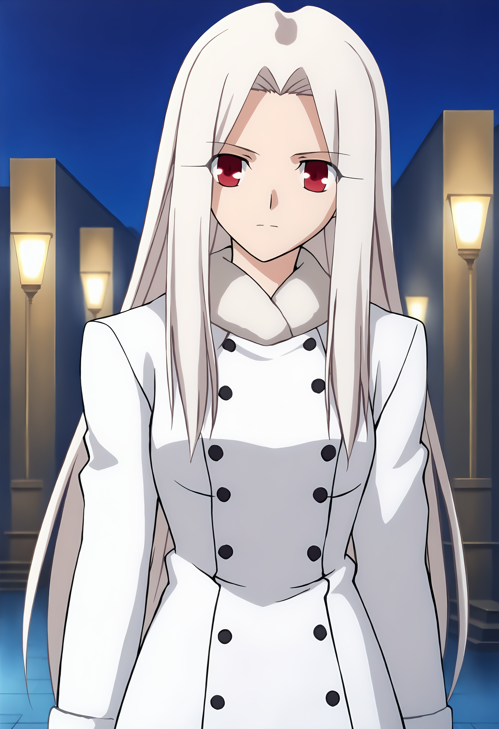 <lora:Irisviel von Einzbern pony:1> , irisviel von einzbern, score_9, source_anime,  1girl, red eyes, solo, long hair, white hair, coat