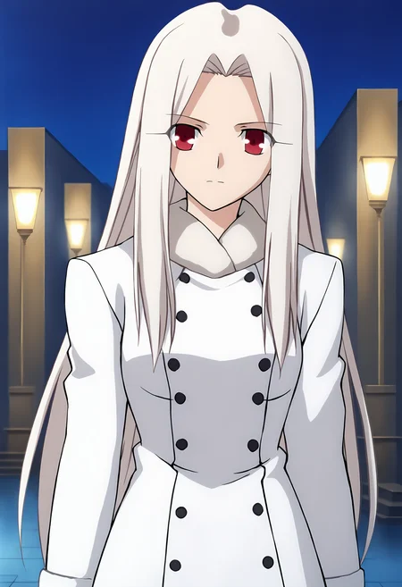 <lora:Irisviel von Einzbern pony:1> , irisviel von einzbern, score_9, source_anime, 1girl, red eyes, solo, long hair, white hair, coat