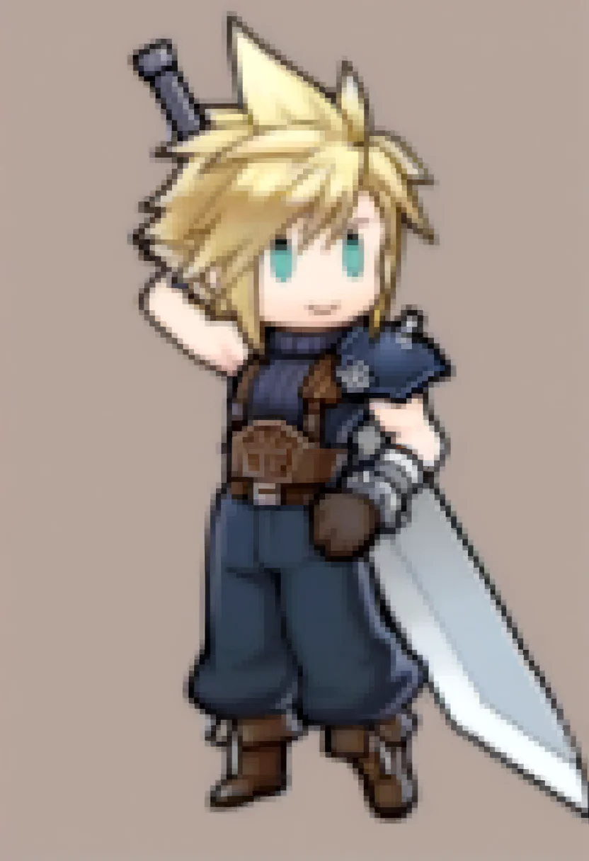 masterpiece, best quality, solo, 1boy, smile, <lora:Feh-Sprites-illus_Fp:1>, chibi, full body, simple background, cloud strife, buster sword