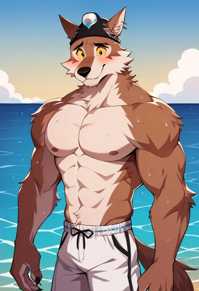 score_9, score_8_up, score_7_up, score_6_up, score_5_up, score_4_up, source_furry, hi res, anime, masterpiece, high quality, simple background, dynamic angle, upper body, body fur, tail, tail up, topless male, ((((((pectorals, large pectorals, biceps, thick arms)))))), Wendell, Wolf, Brown Fur, Hat, Right-Ear-Piercing, Shorts, swimwear, white shorts, shorts, black eyes, no irises, yellow sclera, ((wide-eyed)), smile, perked ears, closed mouth, looking at viewer, anthro, male, sweaty, wet, blush, blush stickers, flustered, sky, ocean, clouds, partially submerged