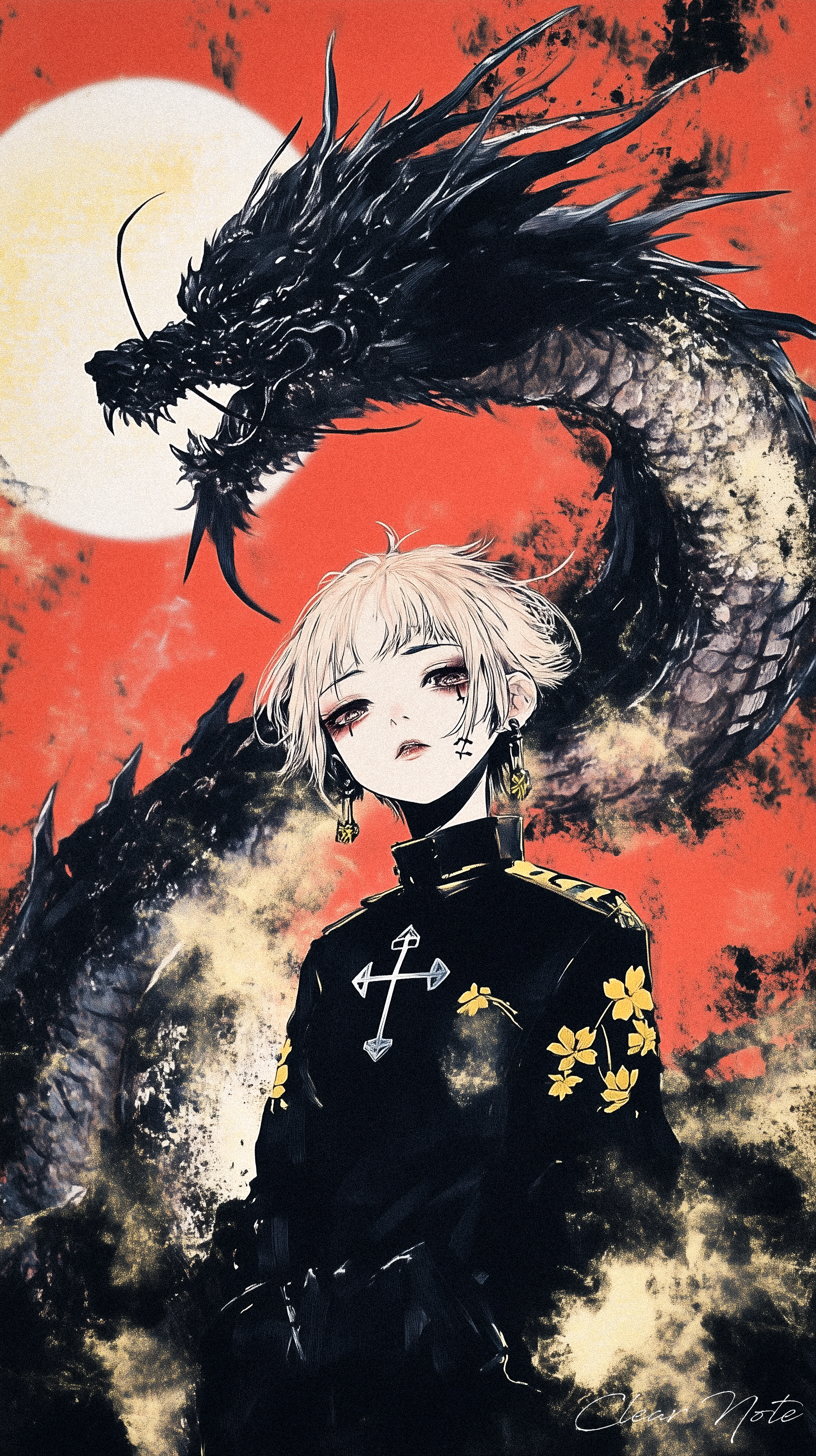 Japanese anime art style, Ukiyo-e, A solitary girl with short pink hair stands confidently against a bold red background. A black cross is etched on her cheek, adorned with cross earrings and additional piercings. Her black military uniform features yellow flower embroidery, and black gloves complete her look. Her sharp gaze and scarred face reflect strength and resilience. Behind her looms a massive, mythical Japanese dragon, its towering presence casting a powerful shadow. The fusion of modern military style and ancient mysticism creates an intense atmosphere of fierce elegance and otherworldly power.