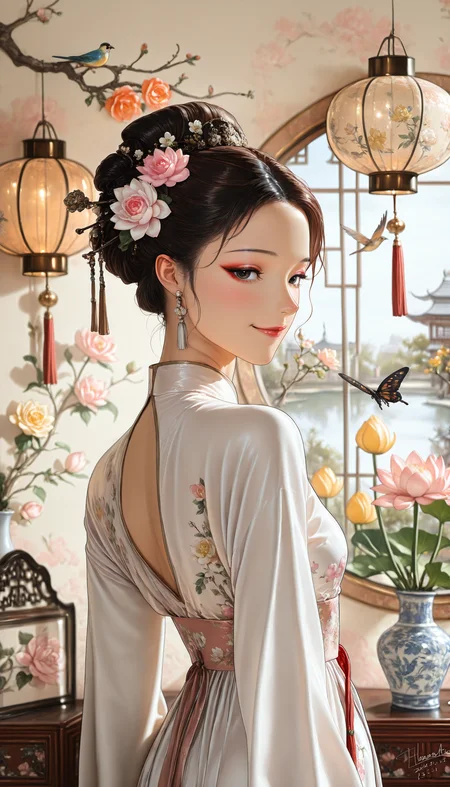 ((seductive, realistic, pinup, pinup_\(style\), portrait, cowboy_shot, blurry, bokeh, best quality, dutch angle, depth of field))
((Chinoiserie, ((1girl, solo, wallpaper \(object\), wallpaper \(decoration\))), long_hair, breasts, blush, looking_at_viewer, smile, short_hair, bangs, blue_eyes, brown_hair, black_hair, hair_ornament, photoshop_(medium), dress, long_sleeves, original, brown_eyes, medium_breasts, jewelry, closed_mouth, standing, flower, upper_body, sidelocks, earrings, small_breasts, looking_back, artist_name, hair_flower, signature, indoors, water, from_behind, black_eyes, white_dress, dated, lips, tree, from_side, sash, looking_to_the_side, window, eyelashes, profile, makeup, rose, shadow, bird, leaf, chinese_clothes, hair_bun, floral_print, lipstick, light_smile, bug, plant, butterfly, white_flower, red_flower, china_dress, tassel, pink_flower, reflection, eyeshadow, pink_lips, lantern, realistic, nose, floral_background, arms_at_sides, yellow_flower, branch, hair_stick, hair_up, red_lips, lamp, eyeliner, wall, architecture, pink_rose, east_asian_architecture, real_life, paper_lantern, vase, orange_flower, lotus, korean_clothes, photo-referenced, pearl_(gemstone), flower_earrings, updo, hanfu))