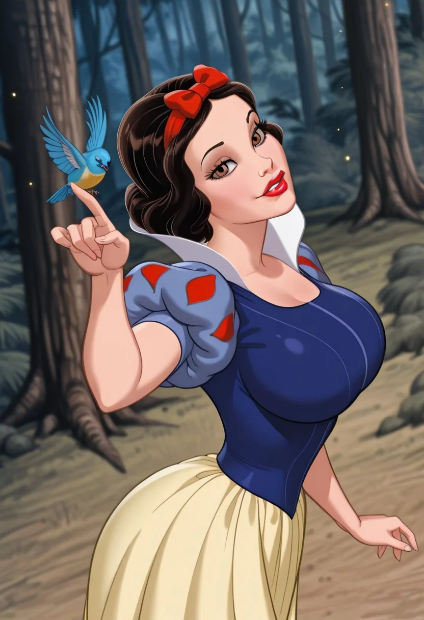 (official style:1.2), screencap, blurry background
1girl, big breasts, (SnowWhiteXL:1.1), black hair, brown hair, brown eyes, hair bow, hair band, blue dress, puffy short sleeves, yellow skirt,,makeup, red lips, parted lips, 
light smile, dutch angle, naughty pose, happy, , looking at viewer, outdoors, forest, tree forest, portrait, dynamic pose, cowboy shot, bird on finger, one hand up, one hands at side, head tilt, light particles, from above, from side,
 <lora:SnowWhite-IL:1>, sxy5tyle,
