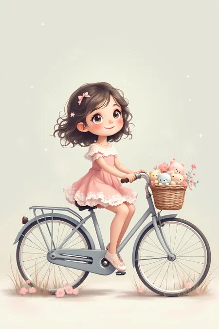 A beautifully stylized kawaii girl sitting on a pastel-colored vintage bicycle. The girl wears a frilly pink dress with a white lace trim, and her wavy, shoulder-length hair is adorned with a small ribbon bow. She has big, sparkling eyes full of wonder, a soft smile, and a gentle, dreamy expression. The bicycle features a small woven basket filled with plush toys and pastel-colored flowers. The background is a soft, neutral gradient with a nostalgic, storybook-like atmosphere, evoking warmth and innocence. The lighting is soft and diffused, enhancing the dreamy and comforting feel of the scene. Inspired by Jerry Pinkney’s delicate and warm illustration style, with a focus on gentle brushstrokes and muted vintage hues. The composition is balanced, with the girl and the bicycle slightly off-center, allowing for a natural and harmonious flow within the image.