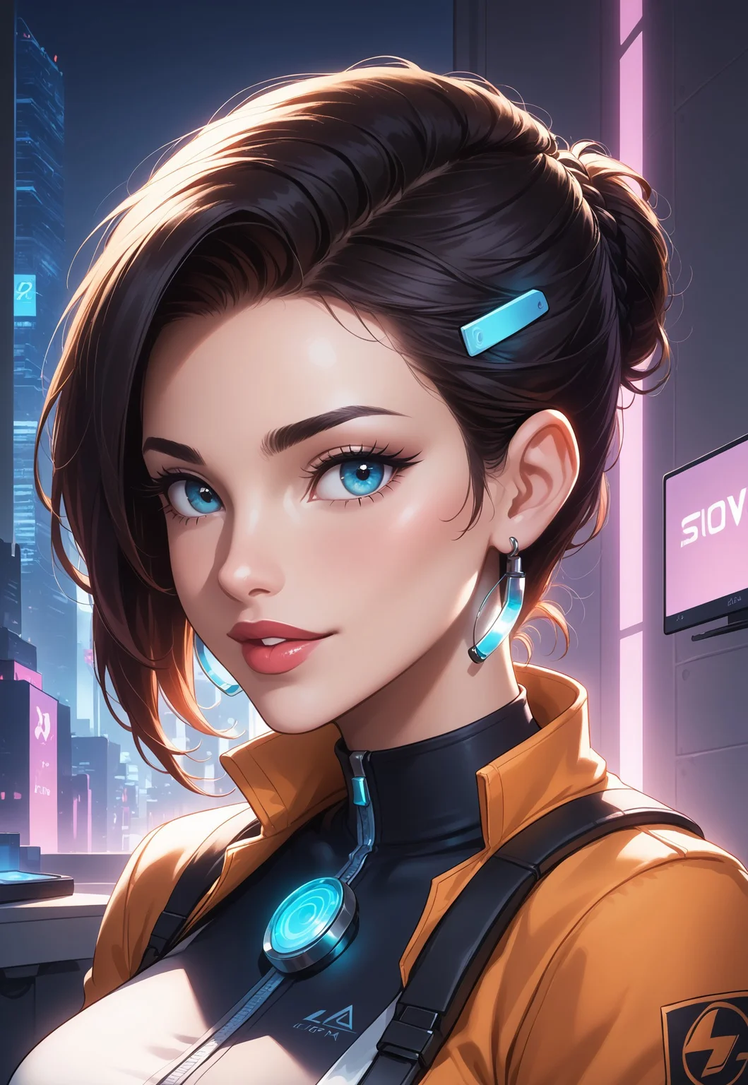 score_9, score_8_up, score_7_up, 1girl, solo, futuristic scientist, sleek lab coat with glowing neon accents and high-tech gadgets, advanced holographic tablet with a transparent screen and interactive controls, short curly black hair with cybernetic implants, realistic, cinematic angle, cinematic lighting, slender body, intelligent face, bright blue eyes, focused pose
BREAK
working in a high-tech laboratory
BREAK
source_sci-fi_art, rating_explicit, expressive, full body, dynamic pose
BREAK
detailed beautiful background, futuristic lab with advanced machinery and holographic interfaces, glowing neon lights and transparent screens, robotic assistants and floating drones, distant cityscape visible through large windows, innovative atmosphere with a sense of discovery and progress
<lora:Expressive_H:0.6>Expressiveh, (SimplepositiveXLv1:1.3), (upper body, full clothed:1.85) ((masterpiece)) (ultra realistic, 32k, masterpiece:1.2), (high detailed skin:1.1), (high quality:1.1) (((full clothed))) <lora:DandonFuga_Style_v.2_-_Pony:0.8>
<lora:add-detail-xl:1>
<lora:Dynamic Poses:1>
