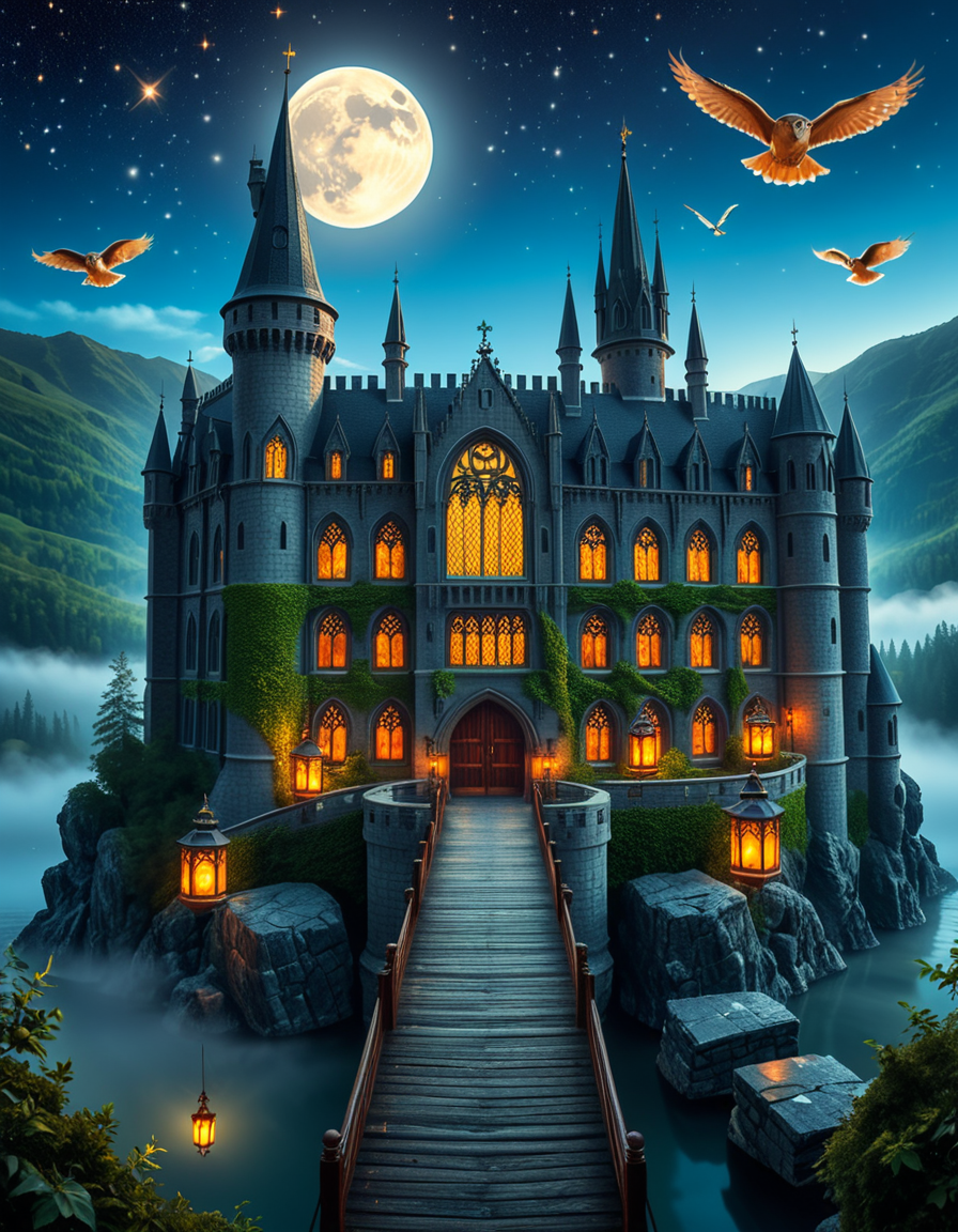 A majestic, ancient castle perched on a rocky hill, serving as a prestigious school for young wizards. The castle is a grand structure with towering spires, intricate gothic architecture, and large stained-glass windows that glow with magical energy. The stone walls are covered in ivy, and enchanted lanterns float around the entrance, casting a soft, mystical glow. A massive wooden bridge leads to the main gate, suspended over a misty, enchanted lake that reflects the moonlight. In the background, rolling green hills and dense, fog-covered forests surround the school, adding an air of mystery. The sky is a deep twilight blue, with stars twinkling and a full moon shining brightly. Some windows in the castle emit warm, golden light, hinting at classrooms filled with spellbooks and students practicing magic. A few owls are seen soaring above, delivering messages. The atmosphere is magical, mysterious, and full of wonder, as if the castle itself is alive with enchantments.
<lora:SDXLFaeTastic2400:0.4> <lora:extremely_detailed:0.4> extremely detailed, <lora:ancient_c4stl3:1>,ancient c4stl3, Masterpiece,best quality,hi res,8k,hi res,8k,award winning,(sharp focus, intricate, highly detailed),