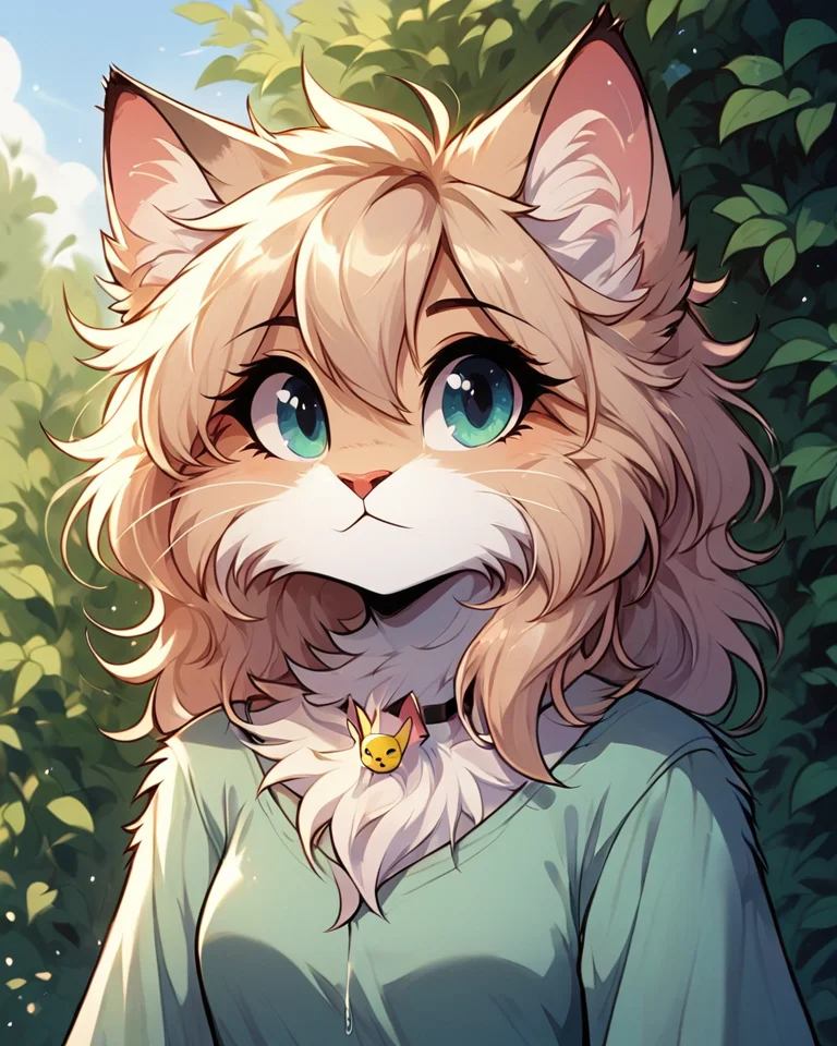 score 9, score 8 up, 1girl, masterpiece, <lora:MegaFluffyPony:1> megafluffypony, fluffy, furry, Cat, medium shot, outdoors, clothes