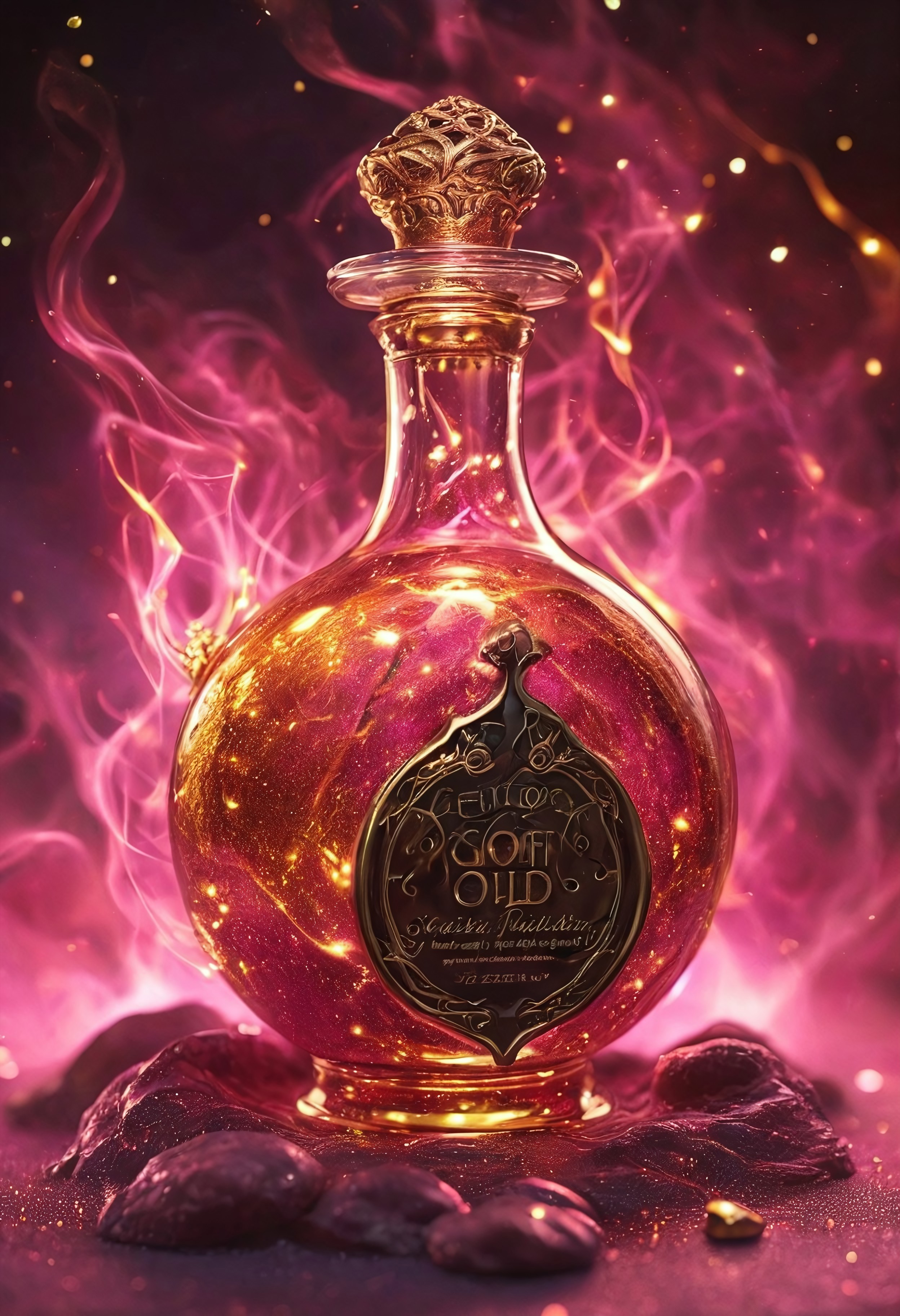 Score_9, Score_8, high_def, highest quality, 4k, best quality, masterpiece, focused, defined, Photorealistic magic potion, intricate glass bottle, elixir, vibrant pink and gold colors, glowing with a soft radiant glow, ethereal light, wax seal, radiant golden highlights, magic lights, luminous, dynamic reflections, magical aura, highly detailed, fantasy essence, glowing spark-like particles, radiant aura, with streaks of molten gold and shimmering metallic accents, evoking a sense of ethereal beauty and majesty