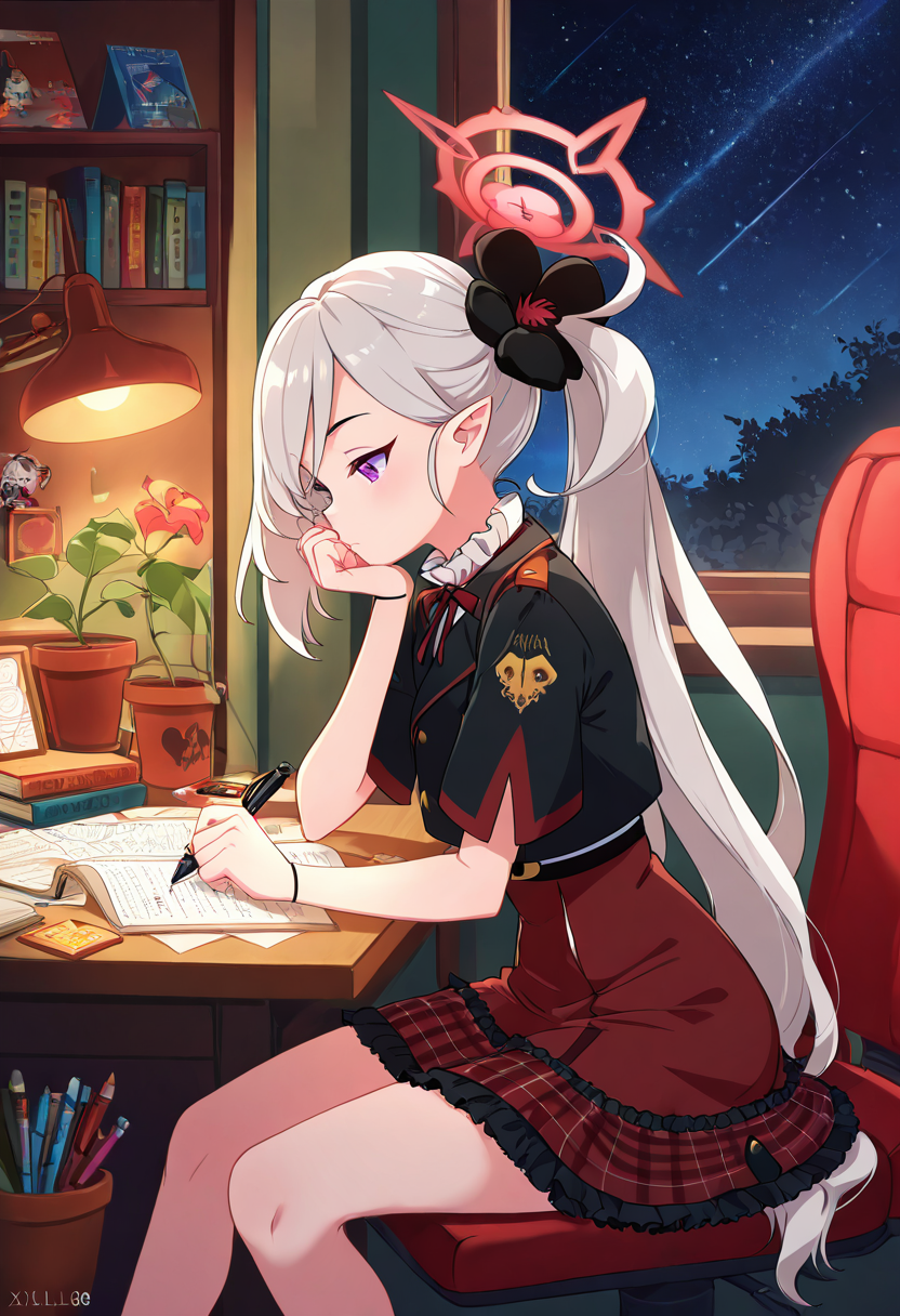 masterpiece, best quality, solo, curvy, beautiful eyes,  narrow waist, wide hips, zzMutsuki, long hair, halo, purple eyes, hair ornament, white hair, side ponytail, grey hair, pointy ears, hair flower,  red skirt, short sleeves, frilled skirt, plaid skirt, shirt,  ,       <lora:MutsukiBlueArchiveIXL:1.0>, , zzLofi, sitting, side view, desk, chair, book, bookshelf, head rest, holding, holding pen, lamp, night, open book, pen, plant, potted plant, sky, star (sky), starry sky, window, windowsill, writing, <lora:LofiGirl_Style_IXL:0.8>,