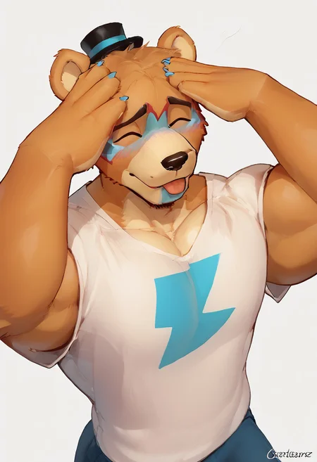 score_9, score_8_up, score_7_up, 1boy, solo, bara, solo, male focus, muscular, dad bod, mature male, anthro, (((glamrockfreddy))), glamrock freddy, furry, bear, blush, smile, large pecs, white background, simple background, sw4p, cheesecrumbles style, 3d, 3d render, blender render, AhEtoBlehMeme, closed eyes, tongue out, :p, hands on own head, smile, white t shirt, white shirt, shirt, t shirt,
