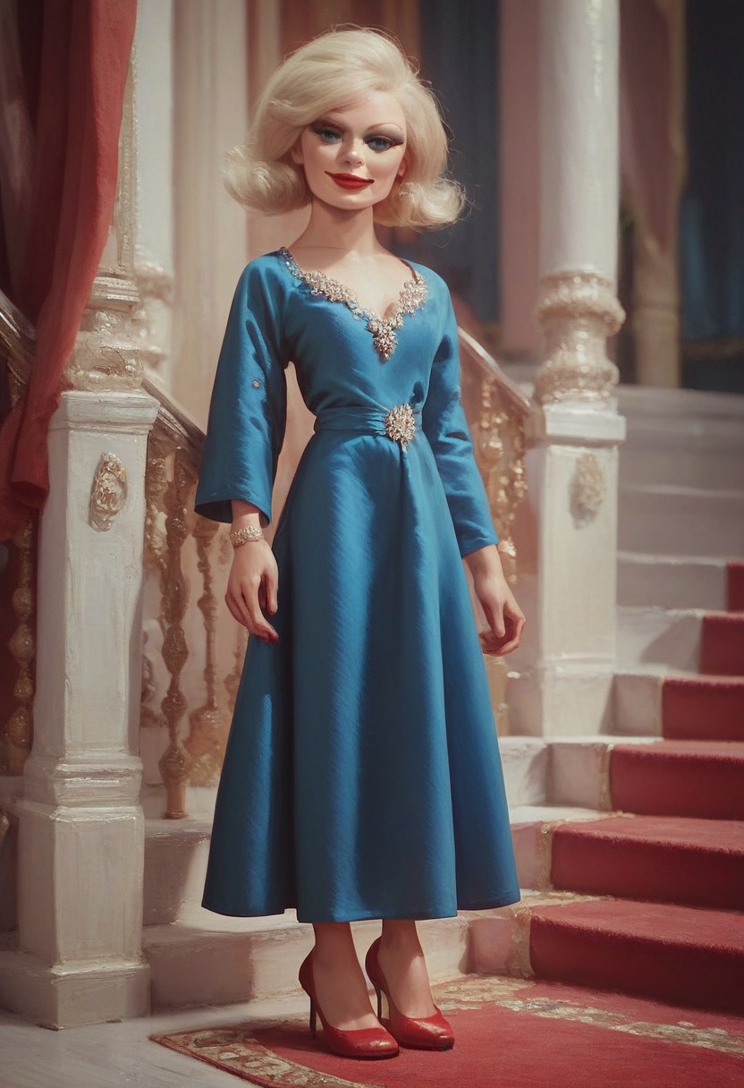 score_9_up, score_8_up, score_7_up, score_6_up, 1girl ,solo, lady_Pcw, blonde hair, short hair, blue eyes, makeup, jewelry, long blue dress, heels, on an ornate staircase, red carpet, (in a stately home), red lipstick, welcoming smile, (painted art)