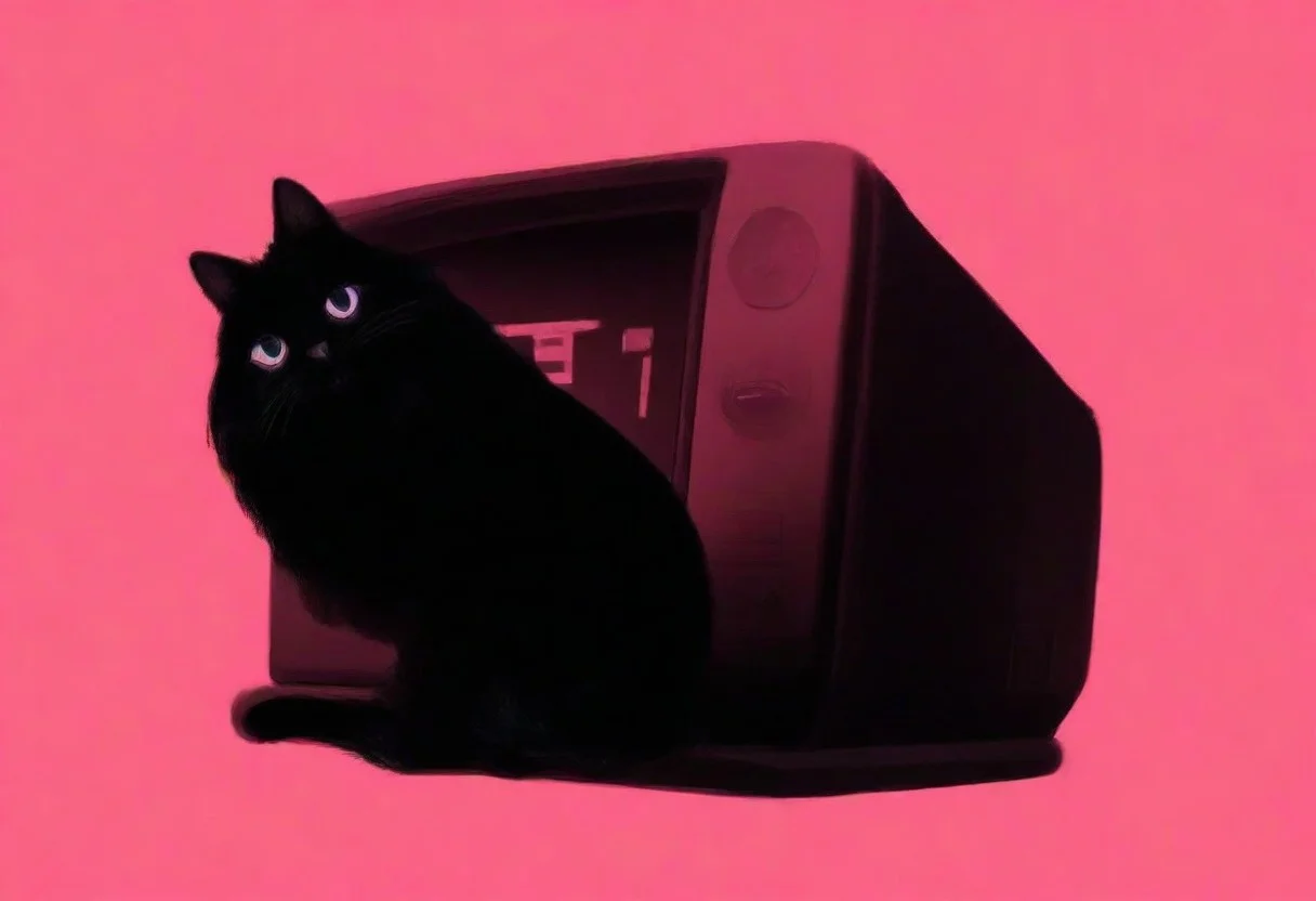 'BUZZ it' text over the TV
masterpiece, best quality, good quality, very awa, very aesthetic, absurdres, newest, solo, jitome, big eyes, looking at viewer, simple background, sitting, full body, blue eyes, monochrome, looking back, no humans, animal, cat, pink background, colored sclera, CRT, computer mouse, animal focus, black cat, no mouth, pink sclera, pink theme,Head tilt, Background Segmentation,Dutch Angle <lora:ponyv6_noobV1_2_adamW-000017:0.7> <lora:USNR_STYLE_XL_lokr:0.45> <lora:mengxuanliart:0.65>