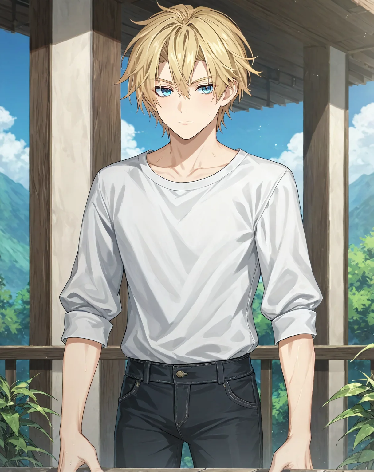 score_9, score_8_up, score_7_up, original style, depth of field, BREAK, rating_safe, 1boy, solo, yaoi, male focus, cowboy shot, skinny, <lora:brammashell_pony:1> brammashell_gc, blonde hair, blue eyes, short hair, hair between eyes, bangs, casual, pants, looking at viewer, facing viewer, outdoors, day,<lora:sdxl_lightning_8step_lora:1> <lora:xl_more_art-full_v1:0.5> <lora:Pony_DetailV2.0:1> <lora:Pony_QualityV4.0:1>