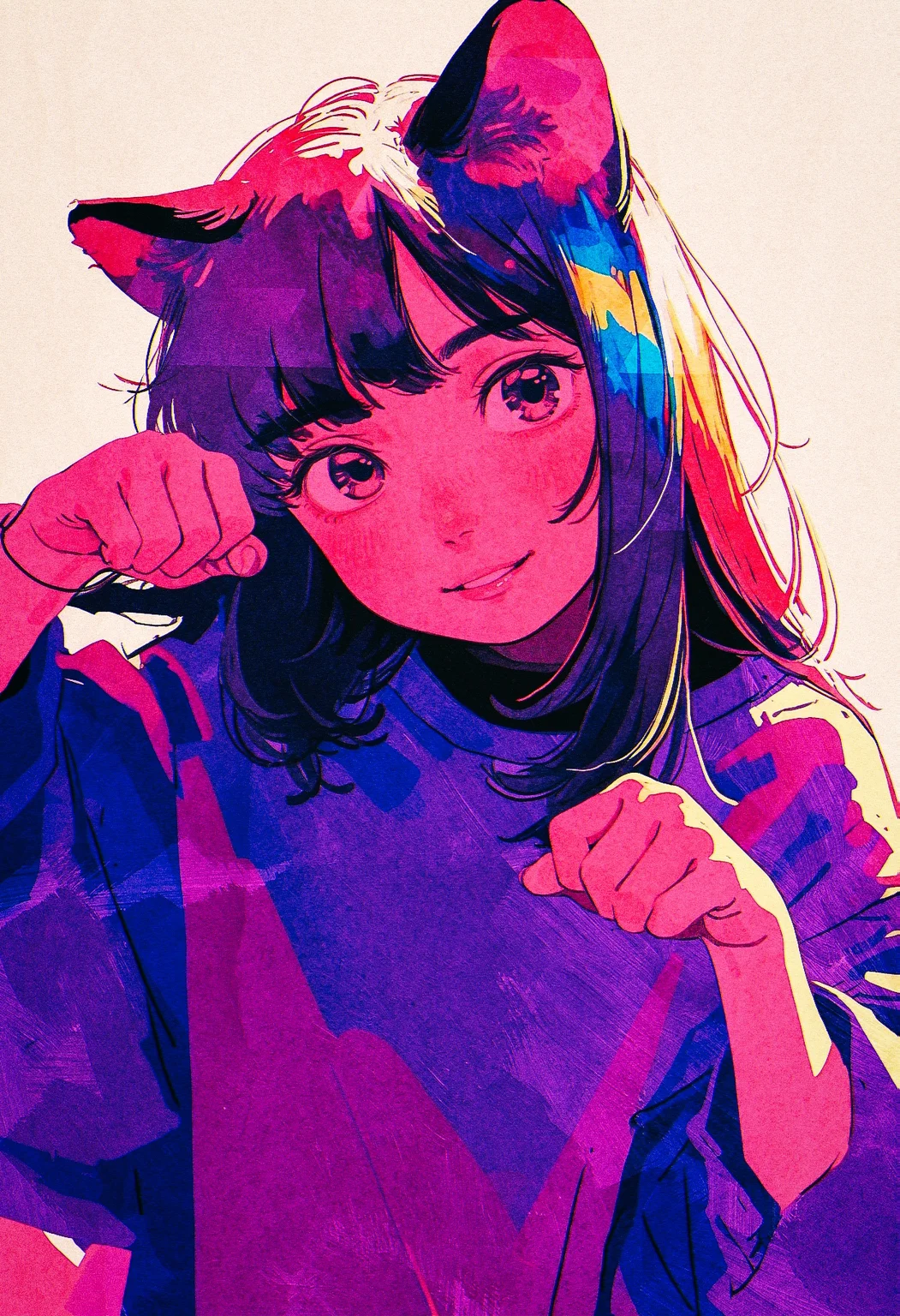 (by akai sashimi:1.25), film grain, limited palette, colorful, rainbow palette, sketch,
masterpiece, best quality, amazing quality, very aesthetic,
1girl, portrait, cute cat girl, cat ears, head tilt, paw pose, contrapposto, staring, nose, lips, kawaii, happy,
<lora:nhl-001-20:0.9> nhl-001