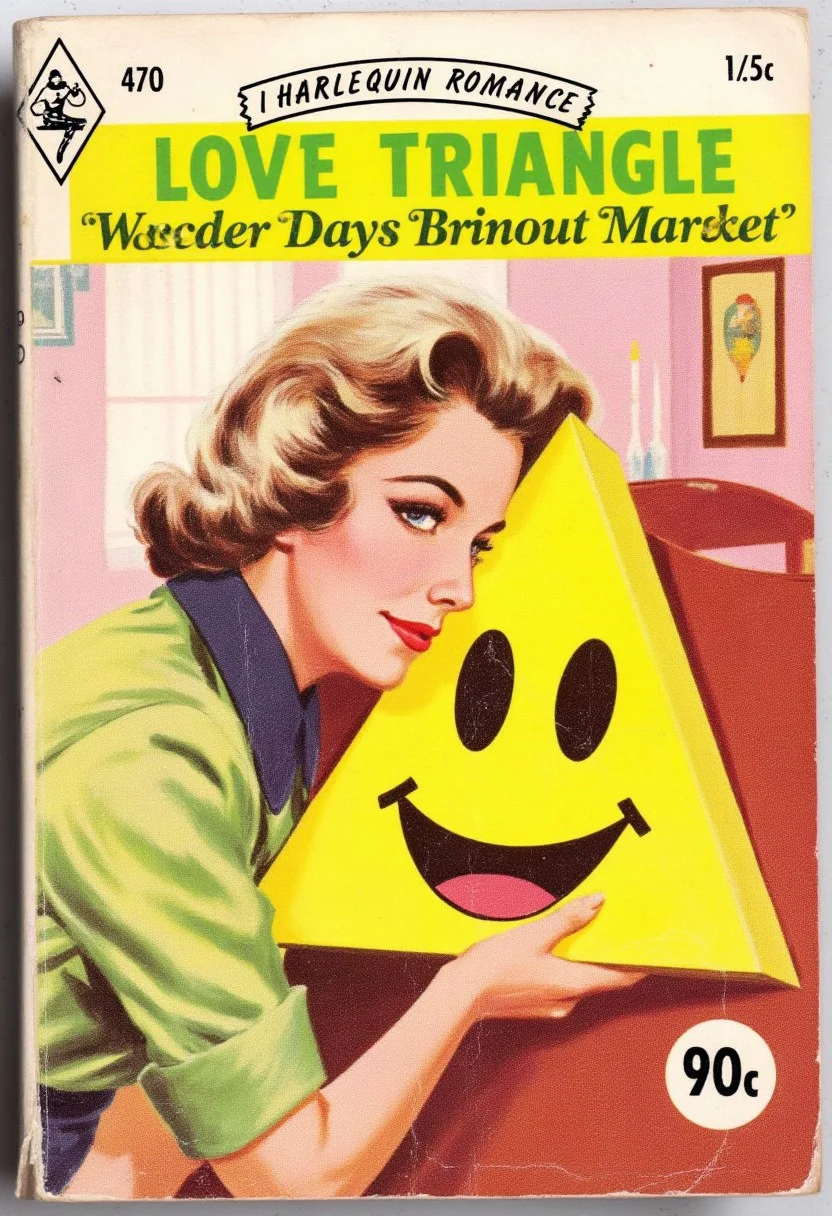 Harlequin Romance Book Cover for ”LOVE TRIANGLE”. The cover features a vintage pulp illustration of a old lady kissing a yellow triangular wooden shape, with painted smiley face on it