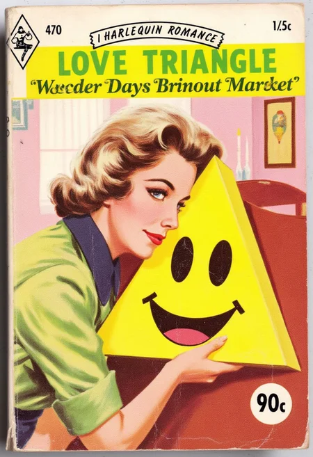 Harlequin Romance Book Cover for ”LOVE TRIANGLE”. The cover features a vintage pulp illustration of a old lady kissing a yellow triangular wooden shape, with painted smiley face on it