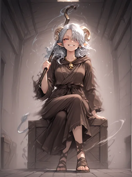 best quality, masterpice, solo,
full body, 
tiefling, tail, anime, pointy ears, tiefling, silver hair, ivory sheep horn,
<lora:whisker_markings:0.8>red whisker_markings:1.7, silver long wavy hair, bell necklace, short pointy ears, tiefling_bard_diana, hair over one eye, braid, brown robe, <lora:Tiefling_bard_Diana_ILXL:0.9> cloak,
((misty_step, motion trail, disintegration aura, dissolving fog, blue fog)), dissolving:1.5,blue ash trail,disintegration:1.5, motion blur:1.5, 
white cow tail:1.4, running,
<lora:Misty_Step_v2:0.8> sitting, from below:1.4, indoors, purple eyes, open eyes, detailed eyes,
sandals, dynamic pose, purple eyes:1.2, crossed legs:1.4, smile, crate, holding shepherd's crook, looking down,  <lora:EatsleepAi_chan_style:1>, masterpiece, best quality