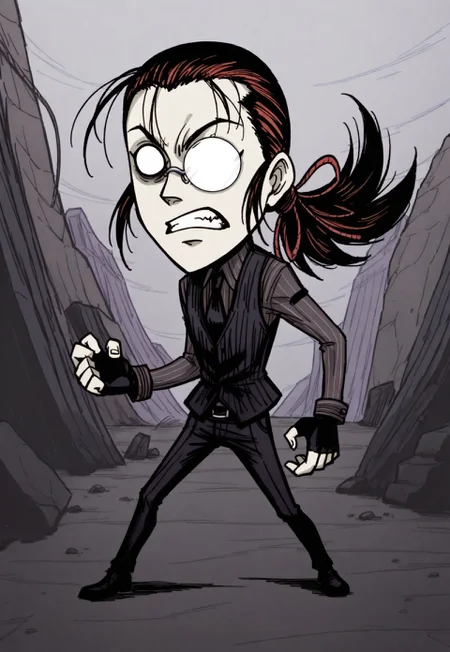 score_9, score_8_up, score_7_up, 1 boy, solo, DarkWalter, blue eyes, black hair, back slicked ponytail, red hair ribbon, monocle, monocle over left eye, black tie, black vest, black pinstripe shirt, black pants, black shoes, black fingerless gloves, keychain, looking at viewer, angry, clenching teeth, fighting stance, ruins, wires, wires swirling around, full body, blank eyes, muted colors, chibi:0.7