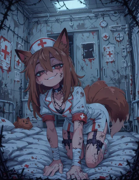 Sfw, safe_pos, highest quality, masterpiece, intricate details, highly detailed, nurse, seductive smile, all fours, infirmary, abandoned, barbed wire, horror \(theme\), dirty, 1 boy, solo, otoko no ko, flat chest, pectorals, brown fox ears, long hair, long bangs, brown hair, fox tail, nine tails, masculine eyes, masculine face:0.8, average physique, tall, yandere, smirk, chiaroscuro, very awa, t4kar4i_illu, no_outlines,no lineart, vanripper:0.2,