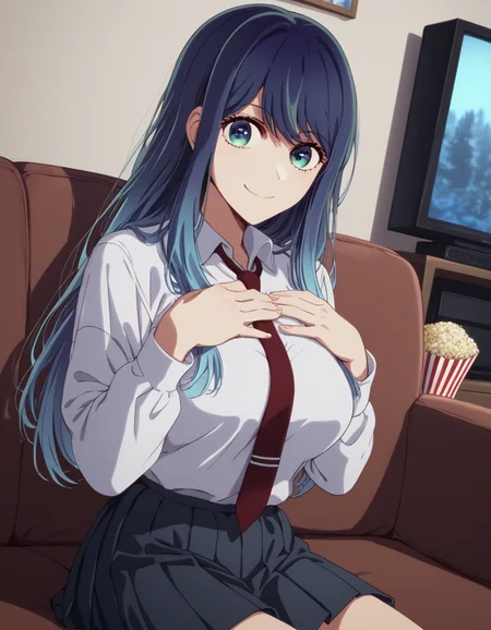 score_9, score_8_up, score_7_up, source_anime, <lora:akane-kurokawa-s2-ponyxl-lora-nochekaiser:1>, akane kurokawa, long hair, bangs, blue eyes, large breasts, black hair, blue hair, multicolored hair, gradient hair,, skirt, shirt, long sleeves, school uniform, white shirt, pleated skirt, necktie, collared shirt, black skirt, red necktie,, living room, television, couch, popcorn, watching movie, night time, sitting,, smile, looking at viewer, hands on own chest,, solo,, cowboy shot, dutch angle,