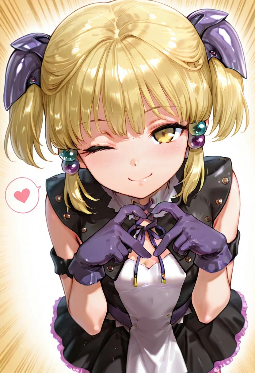 1girl, solo, srw irui, black dress, frilled skirt, armlet, purple gloves, blonde hair, bangs, twintails, sidelocks, hair ornament, hair bobbles, yellow eyes, one eye closed, spoken heart, emphasis lines, smile, heart shaped finger, from above, masterpiece, best quality, amazing quality,
