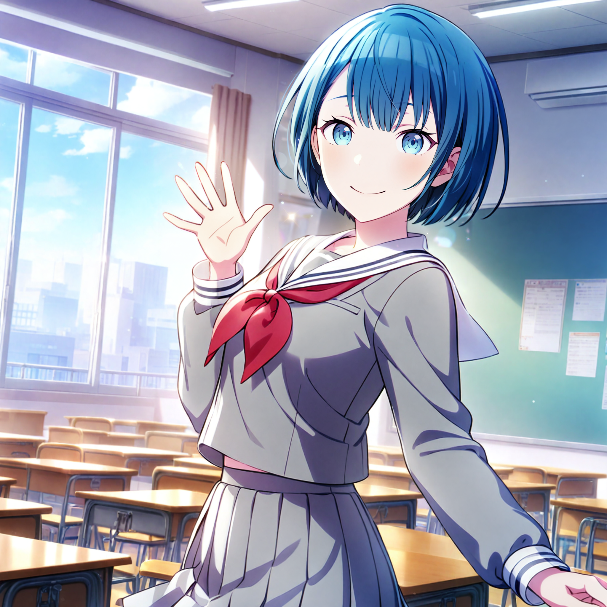 1girl, kiritani haruka, project sekai, masterpiece, very aesthetic, absurdres, official art,
blue short hair, blue eyes, hair over ear, 
miyajyo salor, grey serafuku, white sailor collar, red neckerchief, grey pleats skirt, 
looking at viewer, smiling, waving, 
indoors, school, classroom, large window, white lace curtain, day, sun light,
 <lora:sdxl-vbs-SeifukuKh03:0.9:lbw=0,0,0.2,0.2,0,0.4,0.4,0,0.8,0.8,0,0,0,0.8,0.8,0.6,0.8,0.0,0.0,0.0,0,0,0,0,0,0>