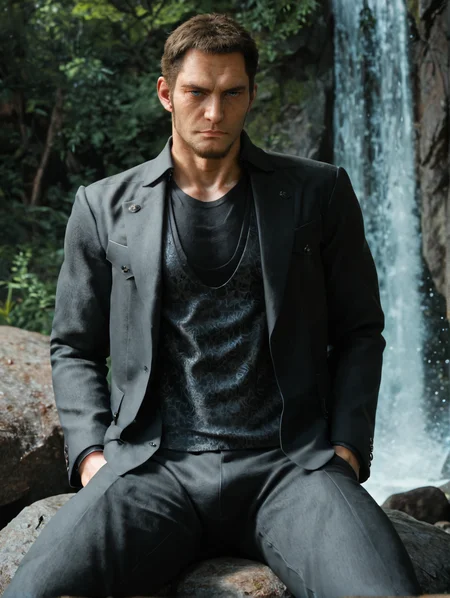 Cor Leonis,mature male,short hair,Small eyes,small eyes, masculine,chin beard,blue eyes,game cg,looking at the audience,score_9, score_8_up , score_8 , score_7_up, male focus,solo, (front view: 1.4),1boy, <lora:Cor_Leonis:1>, daytime, forest, rich scene, detailed background, sitting on rock, waterfall, half-length photo,muscle,Put your hands in your pockets,Black patterned top, suit jacket, suit pants