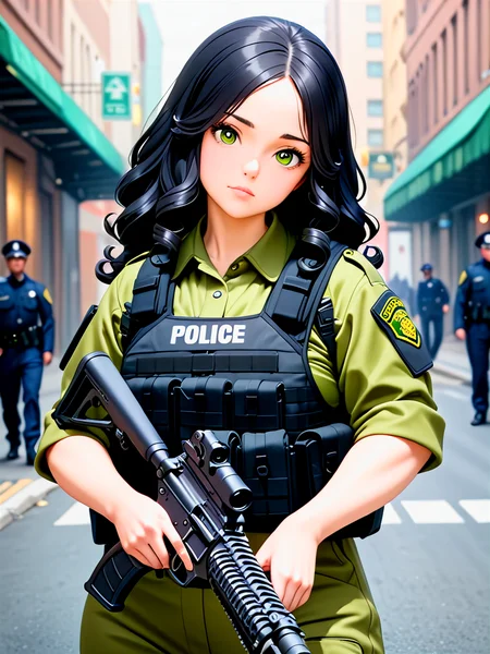 anime, best quality, (masterpiece:1.4), (high quality:1.4), sharp focus, 4k, absurd resolution, detailed hands, curly hair, long hair, (black hair:1.6), 1girl, mature female, (parted hair:1.7), (round face), (no_bangs:1.3), (no_fringe:1.6), <lora:ETO_OC_XL:0.7>, (thick eyebrows:0.9), (plump:0.8), round-chin, (greenish brown eyes), (brownish green eyes), caucasian, down-turned eyes, 1girl, (forehead:0.65), <lora:swat gear_xl:0.7> swat gear, weapon, (head tilt), gun, uniform, police, rifle, street, officers, soldier, military, officer,