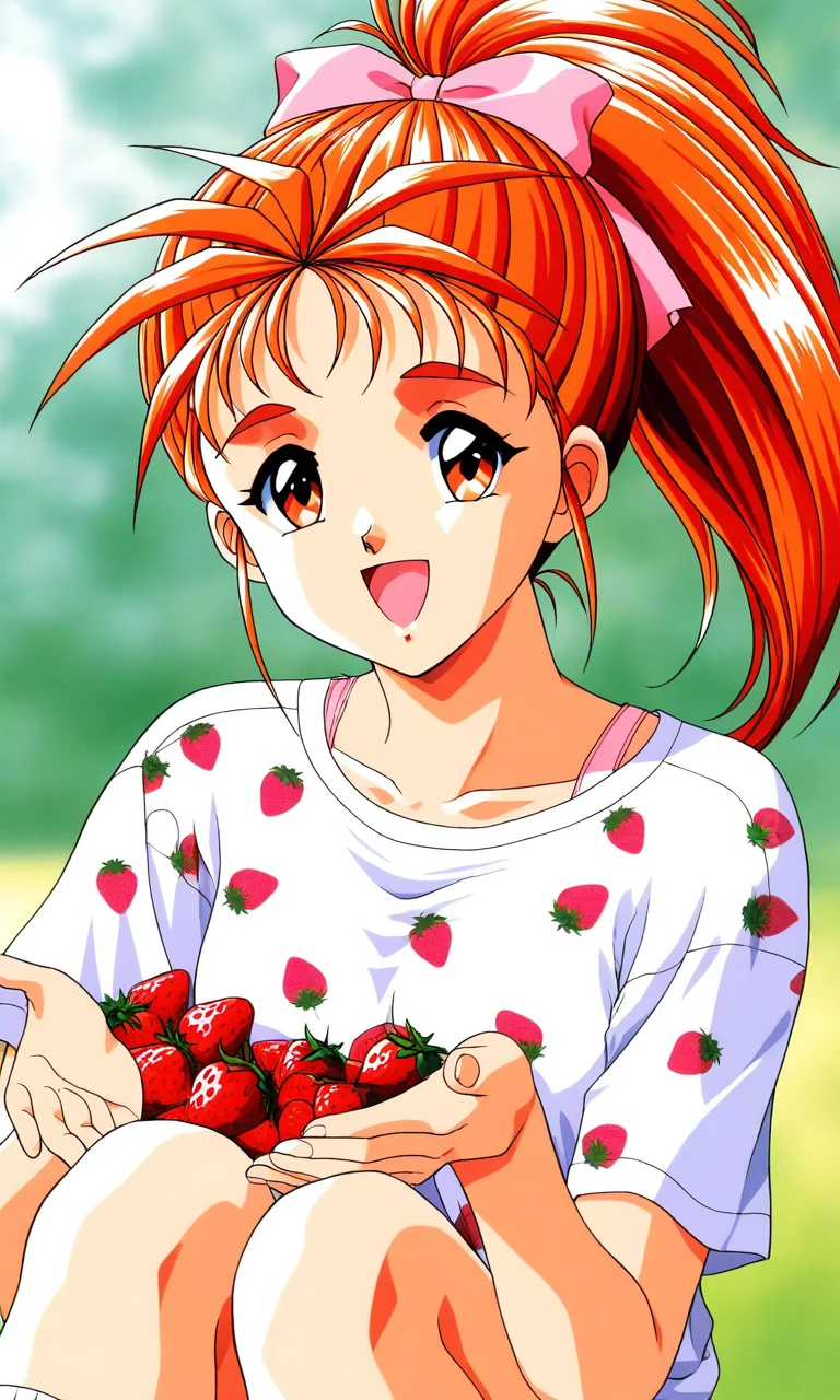 general,highres, ultra-detailed,very aesthetic,best quality ,best hands, BREAK <lora:Saotome_Yumi_Tokimeki_Memorial_IS:1>
Saotome_Yumi(Tokimeki_Memorial), 1girl, solo, closed eyes, orange hair, hair bow, high ponytail, long hair, small breasts,
open mouth, happy,
fruit, bow, food, shirt, strawberry print shirt, orange eyes,
smile, looking at viewer, food print, t-shirt, socks, short sleeves, white shirt, upper body, solo focus, closed mouth