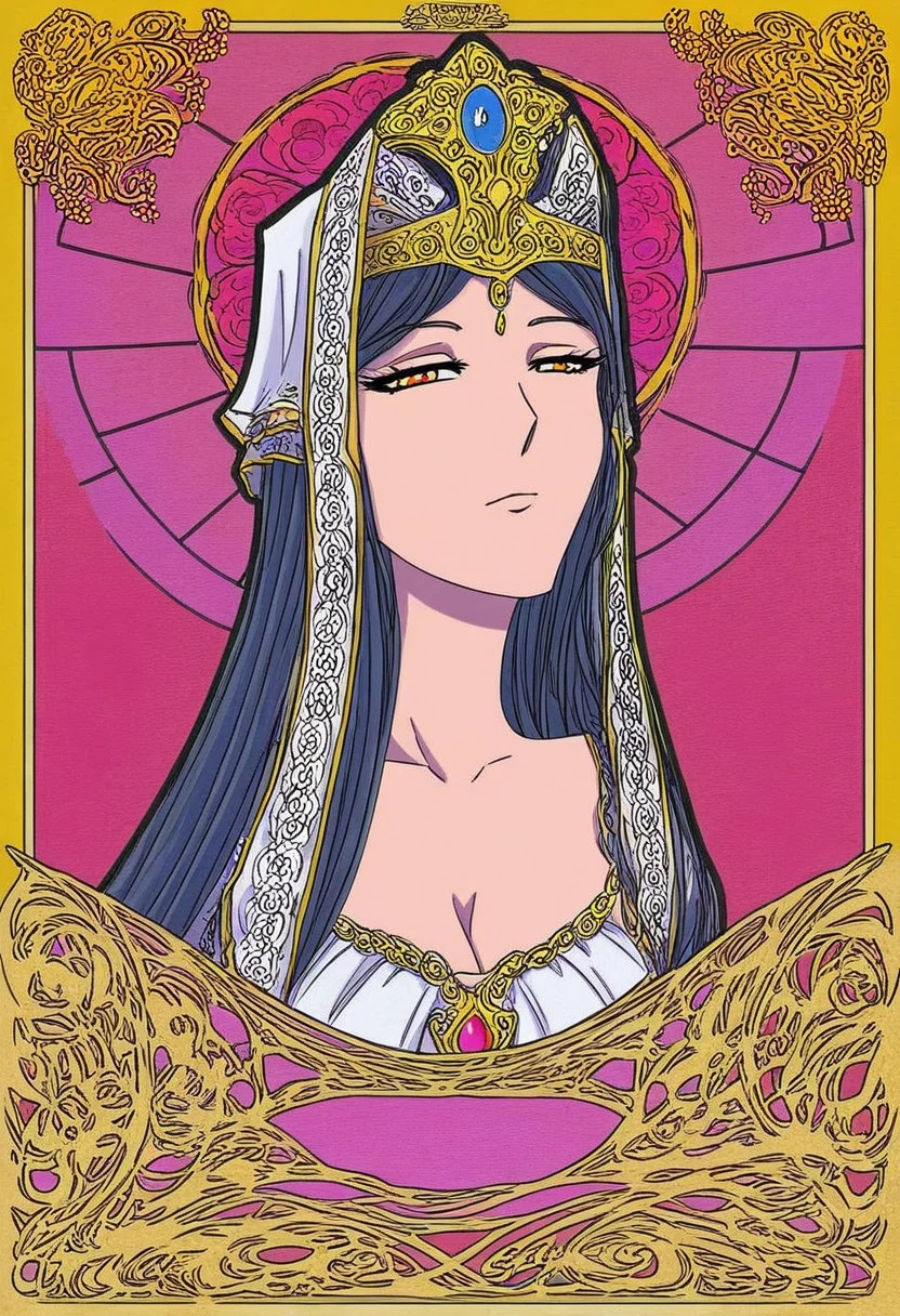 tarot card of the high priestess, long dark hair, busty, cleavage, older woman, 50 years old, seductive expression, jewelry, medieval drawing, jimf, 1girl, goddess, stylized, art nouveau, celtic ornamental intuitive, unconscious, divine feminine, frame, masterpiece, great art, high quality, best quality, 8k, bright psychedelic colors, graphic art, cover art,