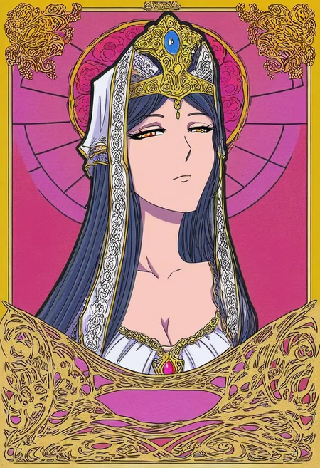 tarot card of the high priestess, long dark hair, busty, cleavage, older woman, 50 years old, seductive expression, jewelry, medieval drawing, jimf, 1girl, goddess, stylized, art nouveau, celtic ornamental intuitive, unconscious, divine feminine, frame, masterpiece, great art, high quality, best quality, 8k, bright psychedelic colors, graphic art, cover art,