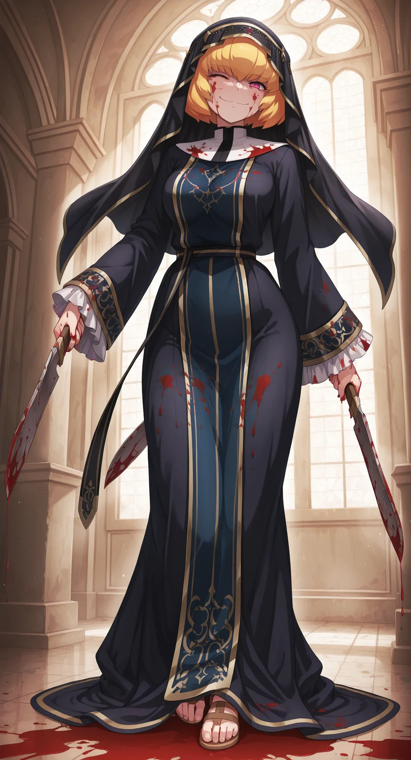 masterpiece, best quality, amazing quality, very aesthetic, absurdres, clementinegirl, solo, medium_breasts, one_eye_closed, purple_eyes, looking_at_viewer, head_tilt, smile, closed_mouth, nun, habit, black_veil, long_sleeves, wide_sleeves, frilled_sleeves, black_robe, white_robe, blue_robe, layered_robe, long_robe, dual_wielding, sandals, toenails, blood_on_clothes, blood_on_weapon, blood_on_face, blood_on_hands, blood_splatter, holding_machete, standing, full_body, indoors, <lora:Clementine_V1(IL)_1-000006:0.9>