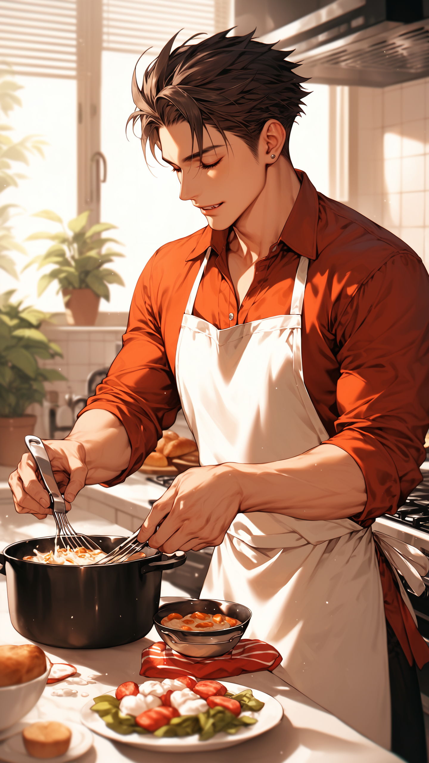score_9, score_8_up, score_7_up, At home, Hakan is a devoted father, shown cooking for his large family. His apron is splattered with food, and his gentle laughter fills the kitchen as he juggles cooking utensils, showing a tender, domestic side.