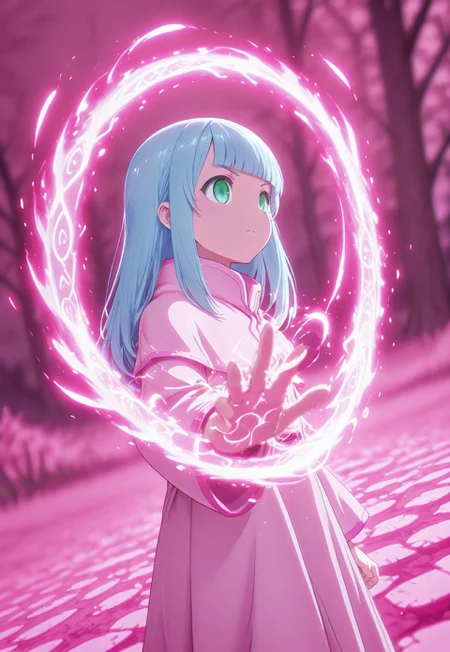 masterpiece, best quality, hires, absurdres, anime screenshot, 1girl, solo, Belle_DungeonPeople, long hair, blue hair, blunt bangs, blue eyes, green eyes, pink robe, spell bind, magic, (pink, pink theme:1.3), (blurred background, field of view:1.3), serious, from side, dutch angle, motion blur,