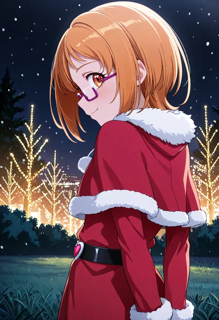 masterpiece, best quality, absurdres, very aesthetic, general,
shirabe ako, 1girl, solo, short hair, santa costume, brown eyes, brown hair, capelet, orange hair, looking back, belt, from behind, red-framed eyewear, pink-framed eyewear, eyelashes, profile, purple-framed eyewear, red capelet, red dress, black belt, arms behind back, fur trim, pom pom \(clothes\), upper body, orange eyes, looking at viewer, fur-trimmed capelet, long sleeves, christmas, standing, anime coloring, shiny hair, bangs, closed mouth, skirt, from side, heart belt, under-rim eyewear, sidelocks, red eyes, night, night sky, snowing, snow, smile, christmas lights, outdoors, grass, dark, dark background,
<lora:cure_muse_shirabe_ako_illustXL_locon_v1:0.7>