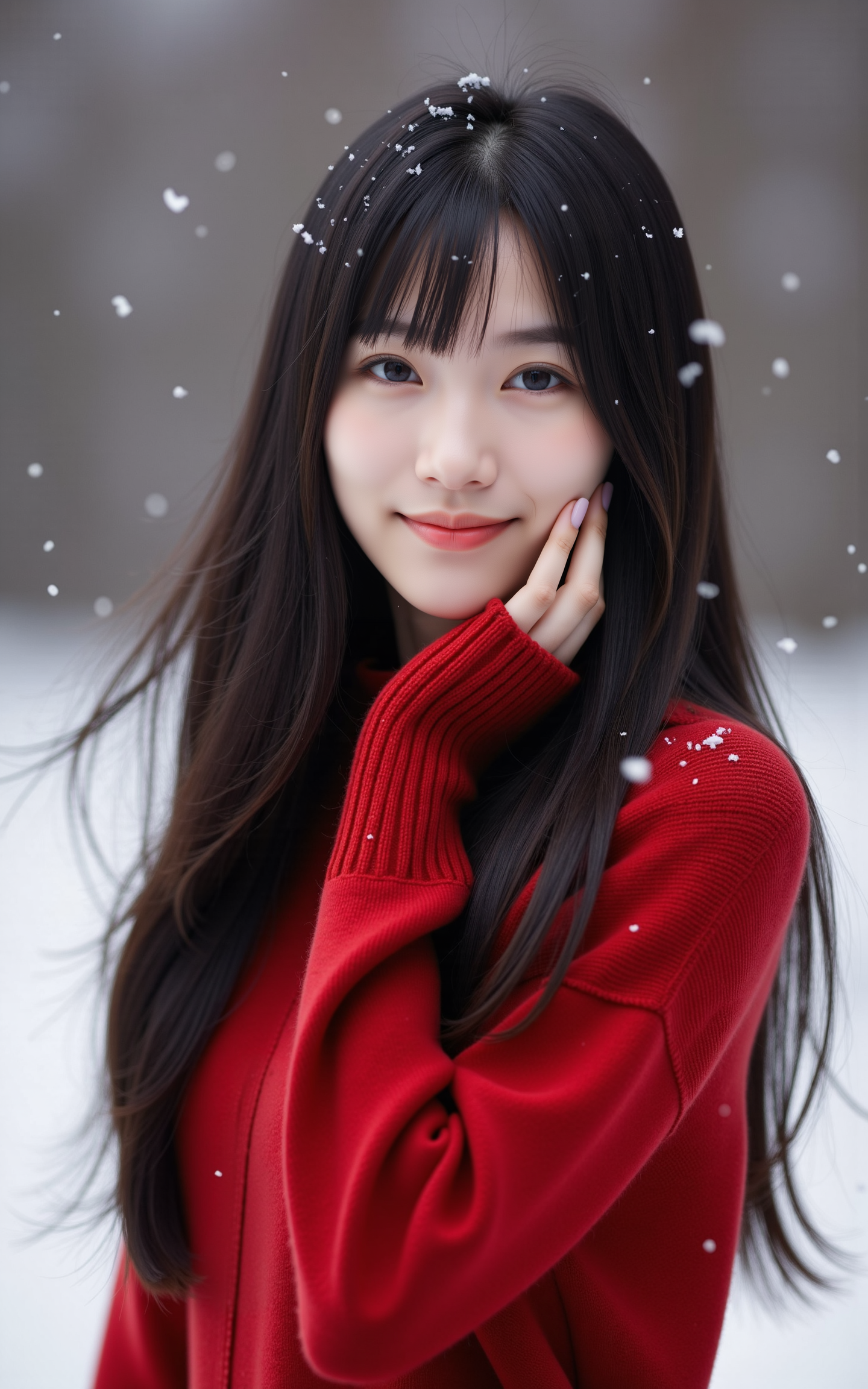 A black-haired girl wearing a red sweater,captured from a slightly low angle. She smiles gracefully,with one hand touching her cheek in an elegant,relaxed gesture. Snowflakes softly fall around her,some resting on her hair and shoulders. The winter background is blurred,enhancing the cozy atmosphere,realistic photography style.,
<lora:baby-base-01-flux:0.7>,baby,long black hair,bangs,she has a slender physique and a petite build,