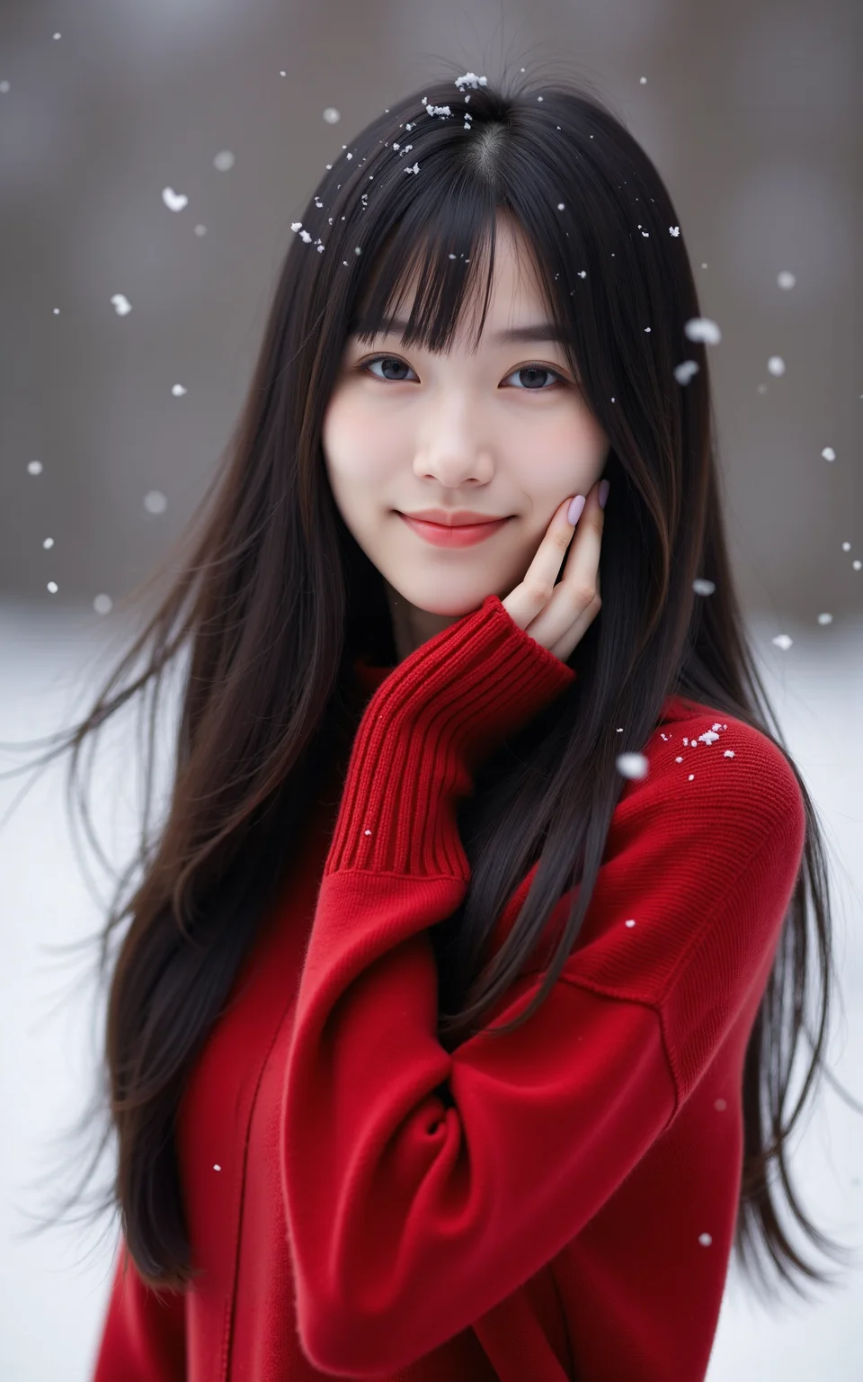 A black-haired girl wearing a red sweater,captured from a slightly low angle. She smiles gracefully,with one hand touching her cheek in an elegant,relaxed gesture. Snowflakes softly fall around her,some resting on her hair and shoulders. The winter background is blurred,enhancing the cozy atmosphere,realistic photography style.,
<lora:baby-base-01-flux:0.7>,baby,long black hair,bangs,she has a slender physique and a petite build,