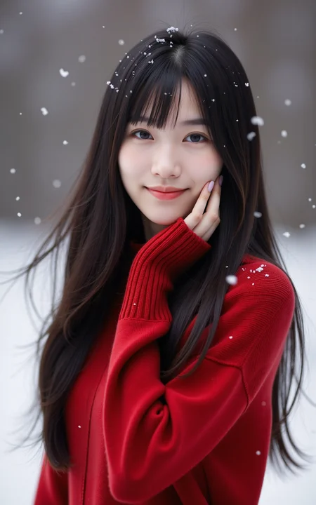 A black-haired girl wearing a red sweater,captured from a slightly low angle. She smiles gracefully,with one hand touching her cheek in an elegant,relaxed gesture. Snowflakes softly fall around her,some resting on her hair and shoulders. The winter background is blurred,enhancing the cozy atmosphere,realistic photography style.,
<lora:baby-base-01-flux:0.7>,baby,long black hair,bangs,she has a slender physique and a petite build,