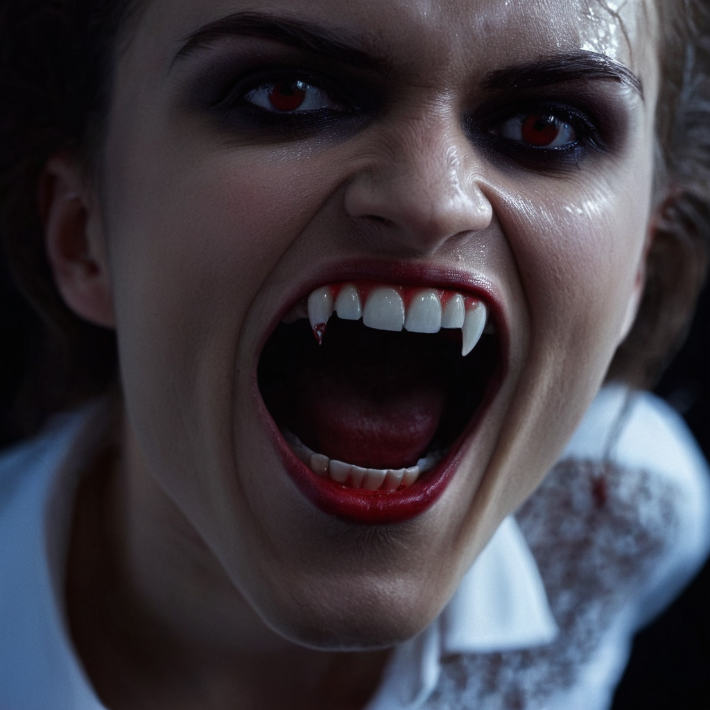 cinematic film still of  <lora:perfection style:0.5> perfection style
 <lora:fang:0.8>
vampire fangs teeth a woman with a bloody face and a white shirt, scary, thriller, horror style, gothic movie themed, sharp, detailed, epic cinematic photography, artistic, creative, dramatic light, cinematic color style, Kodak film style, vampire fangs teeth style, vampire teeth style, vampire fangs style, solo, open mouth, 1boy, male focus, teeth, fangs, portrait, realistic, retro artstyle, looking at viewer, black background, close-up, photorealistic, sharp asymmetrical teeth, wet , sweat, from above
, shallow depth of field, vignette, highly detailed, high budget, bokeh, cinemascope, moody, epic, gorgeous, film grain, grainy