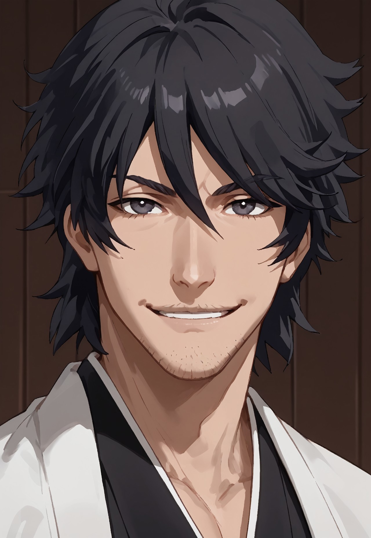 safe_pos, safe_pos, safe_pos, score_9, score_8_up, score_7_up, source_anime, rating_nsfw, ultra hd, absurdres, solo, masterpiece, best quality, best aesthetic, Expressiveh, wolfconf, 1boy

BleachAmagai, black hair, stubble,  japanese clothes, haori, portrait, headshot, looking at viewer, smiling,