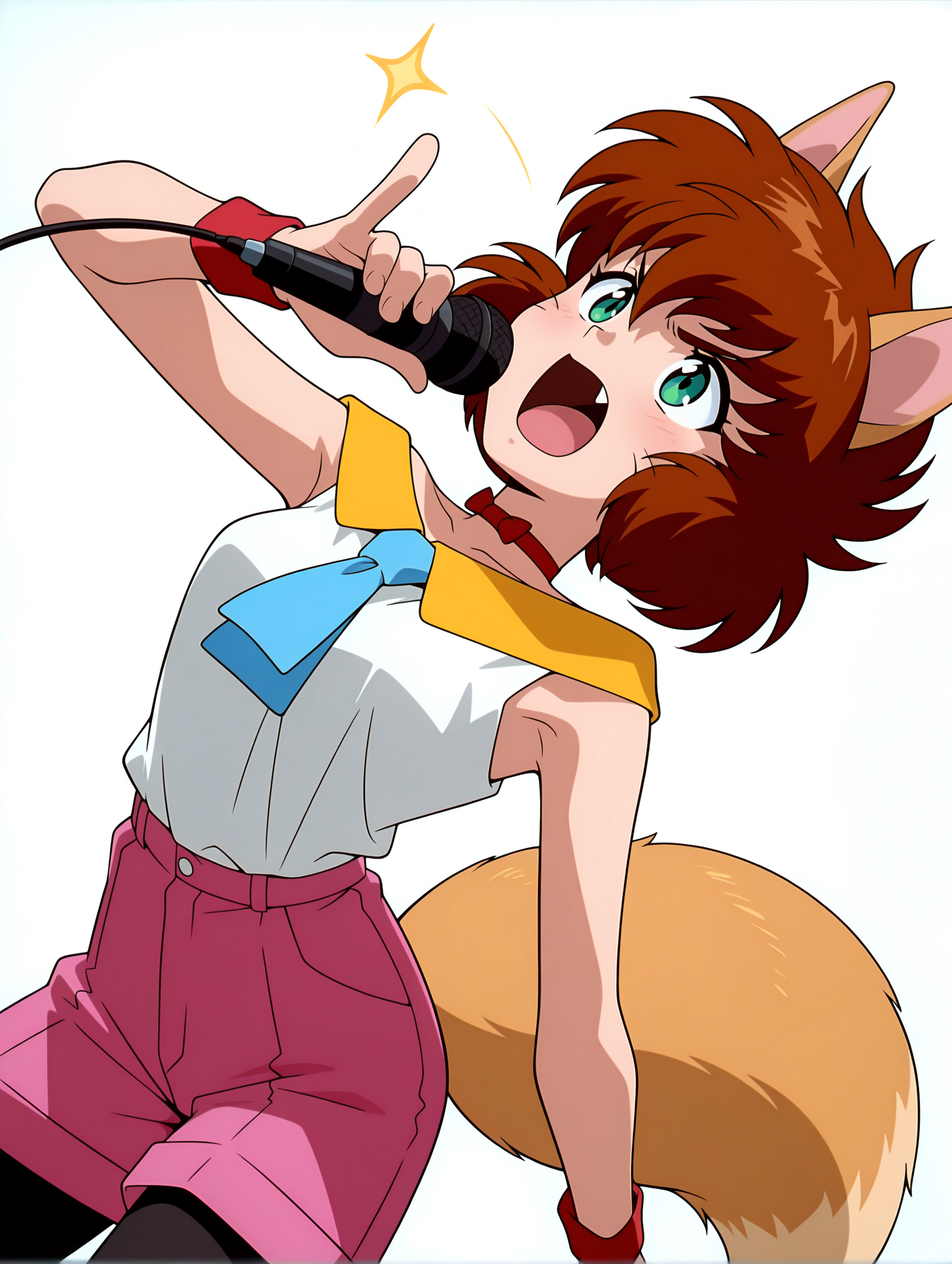 masterpiece,best quality,amazing quality,
1girl,solo,
anime screencap,<lora:koto_ilxl_v1.0:1>,koto,brown hair,green eyes,whiskers,fang out,
k_clothes,yellow collar,red ribbon choker,white sleeveless shirt,blue necktie,pink shorts,fox tail,black_pantyhose,k_m,holding microphone,
<lora:Fixhands_anime_bdsqlsz_V1:1>,standing,white_background,simple_background,shouting,front view,upper_body,finger gun,dynamic_angle,cinematic_angle,dutch angle,arched_back,hand up,